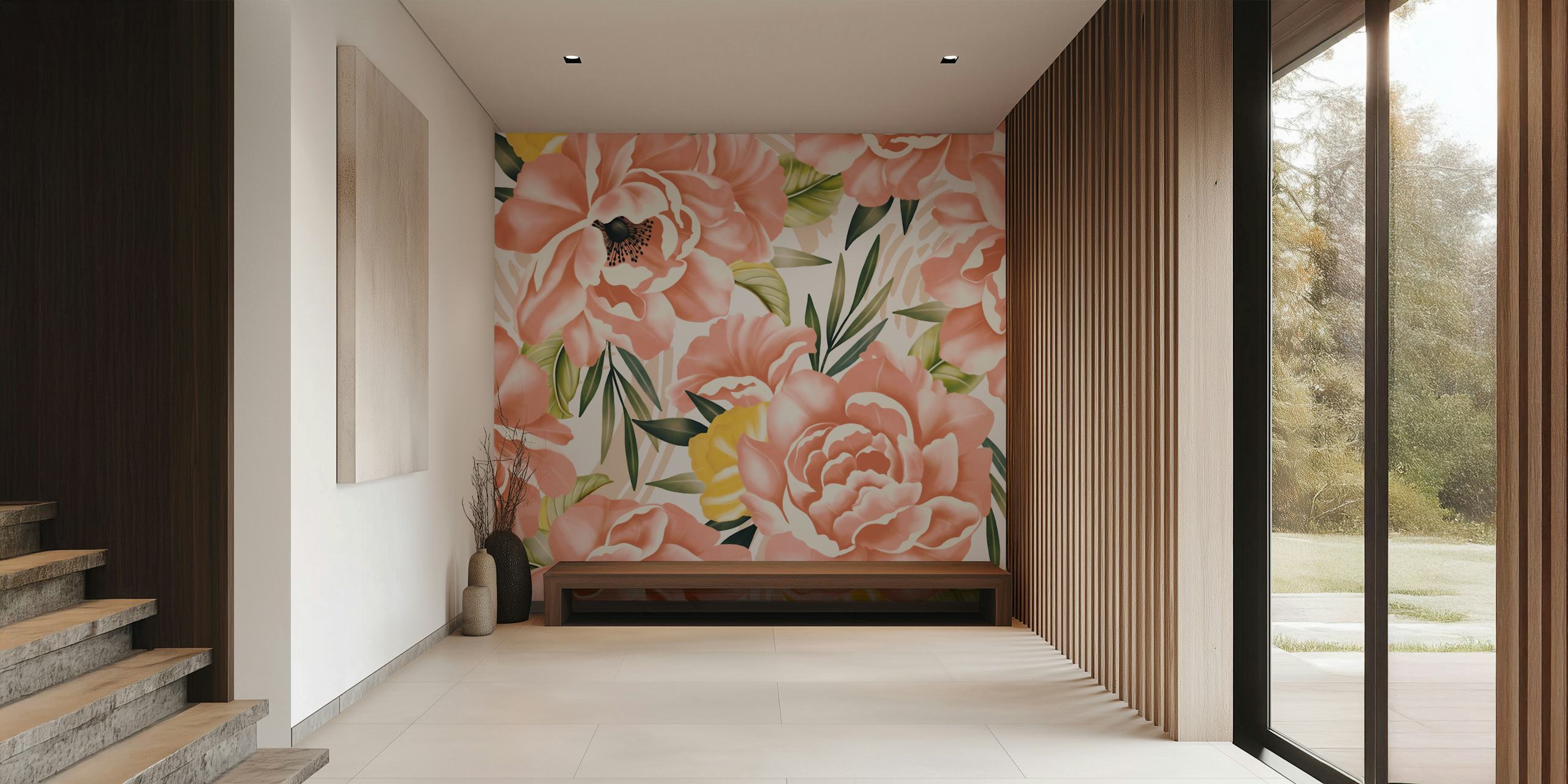 Pink peony floral design with green leaves wallpaper