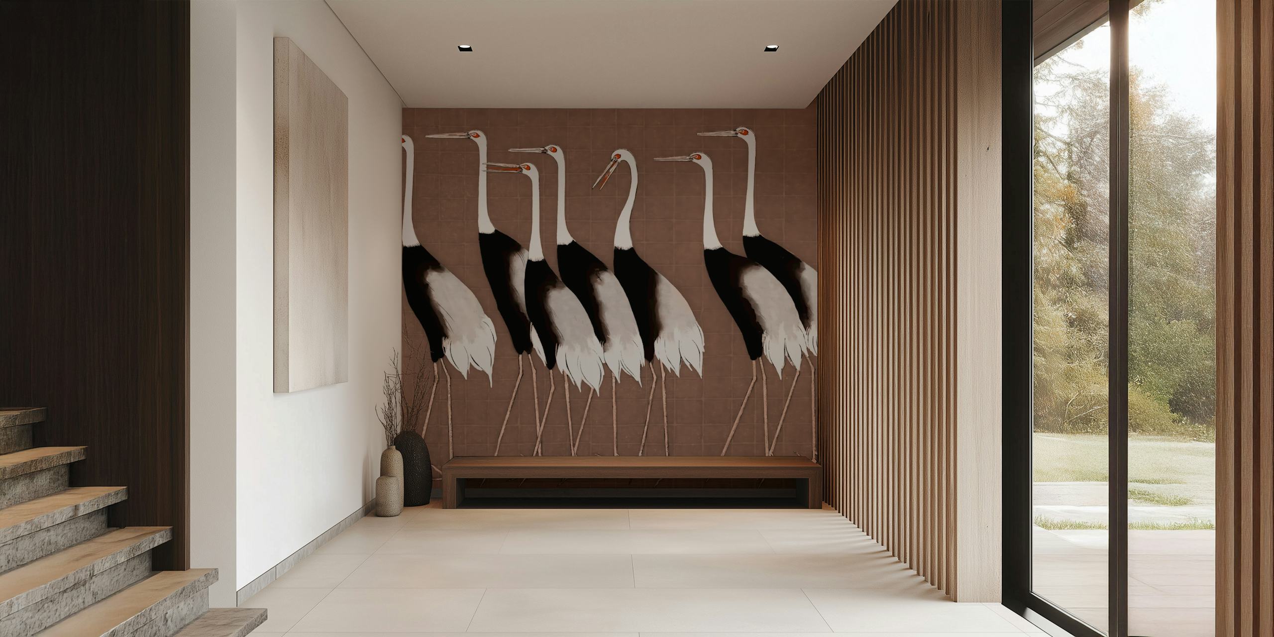 Japan Cranes on Mocha Mousse wallpaper design