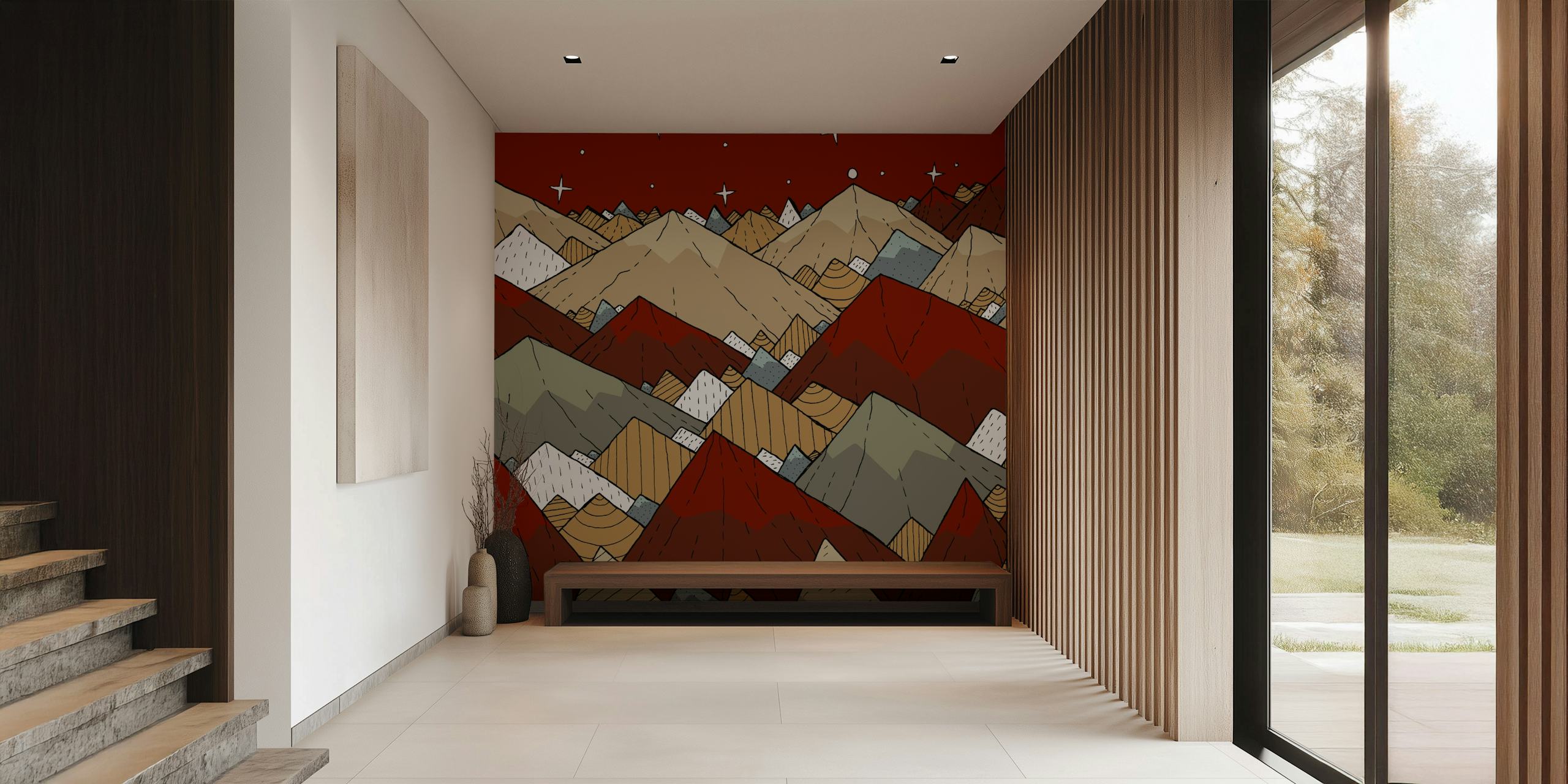 Colorful mountain peaks in red, beige, and white wallpaper