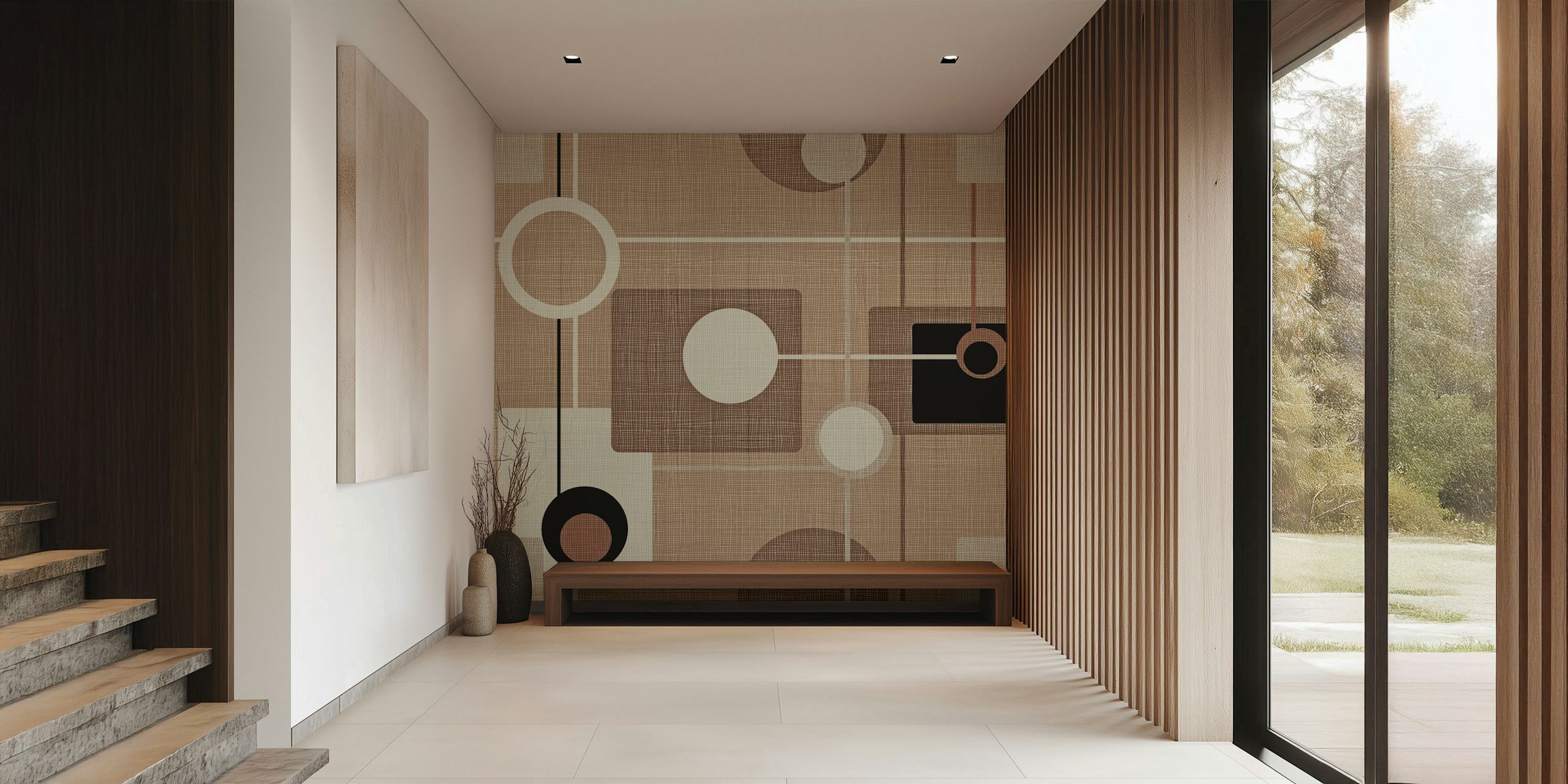 Mid-Century Motif Mocha Tapete in einem Raum