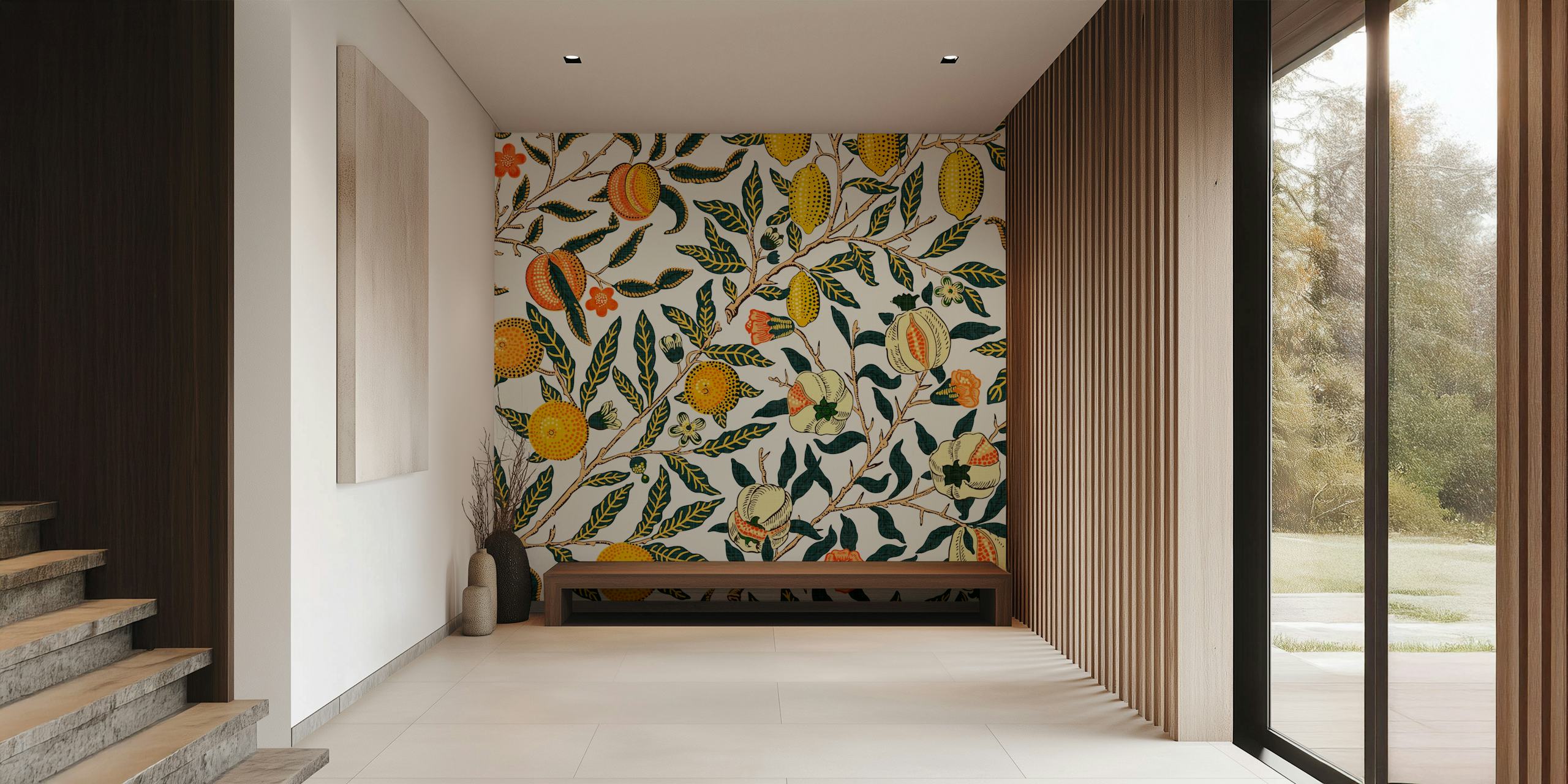 Pomegranate fruit and floral pattern on white wallpaper