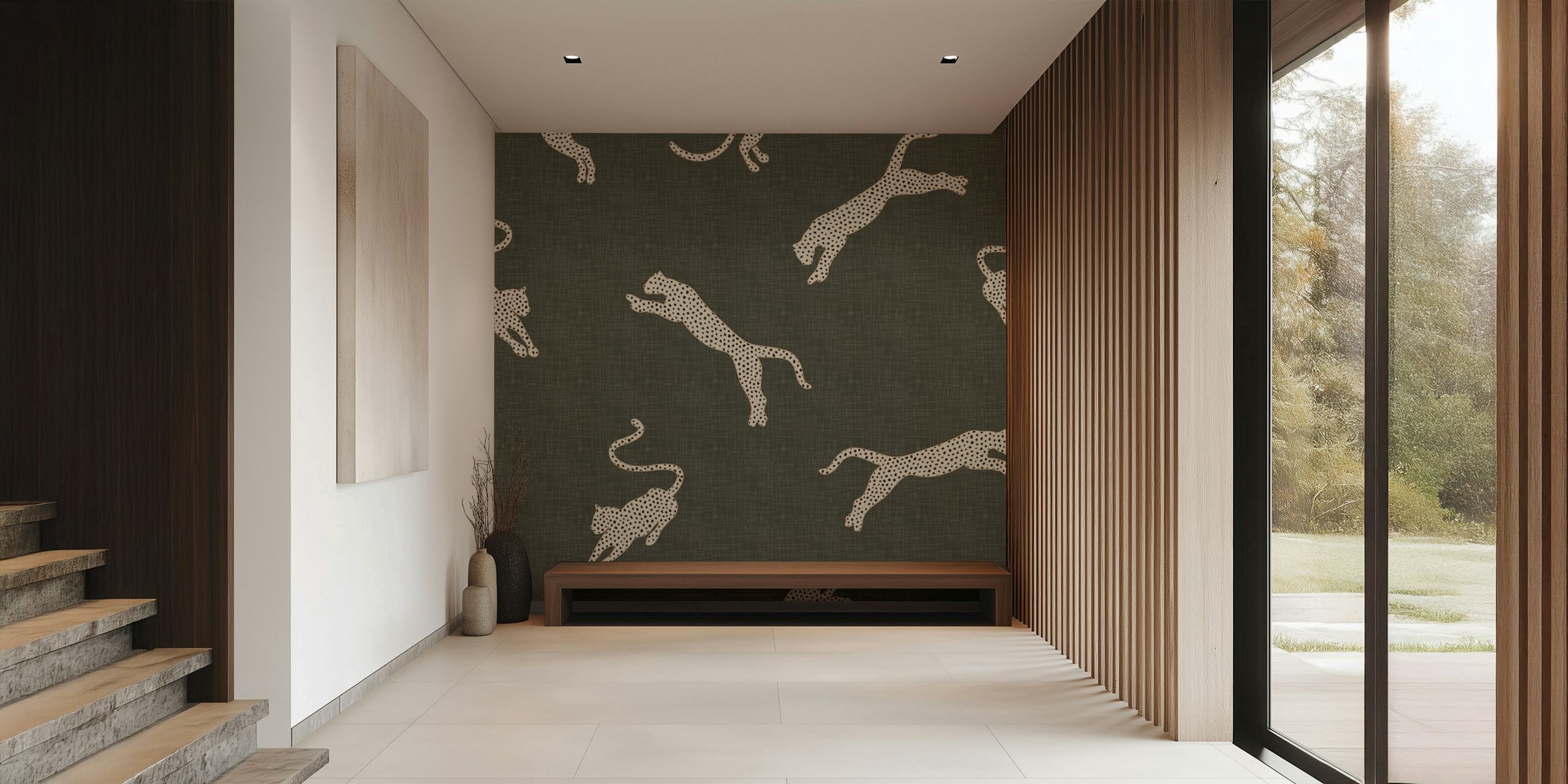 Leopards leaping across khaki brown background wallpaper