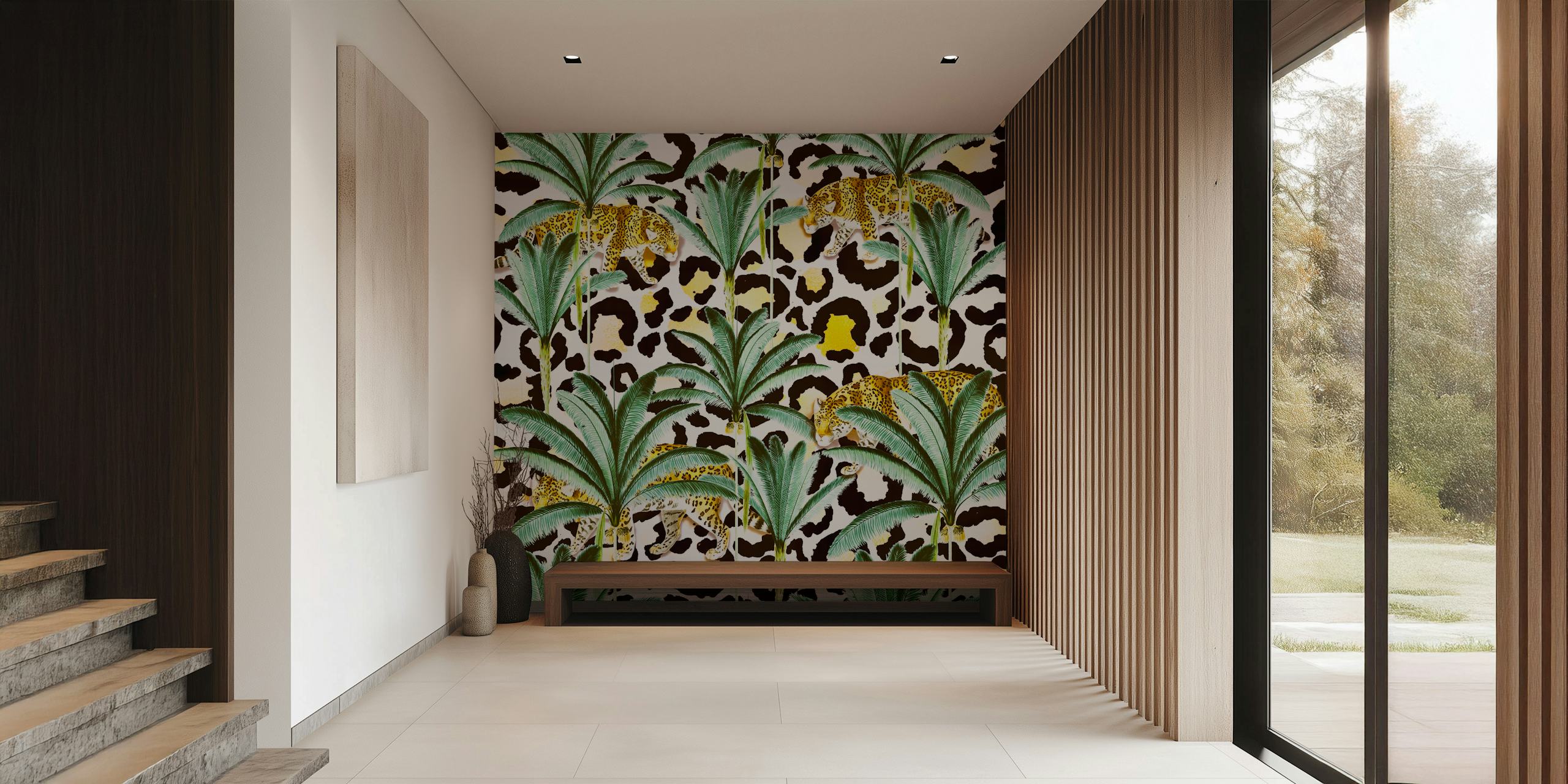 Papier peint Jungle Prowl avec imprimé léopard et feuilles de palmier