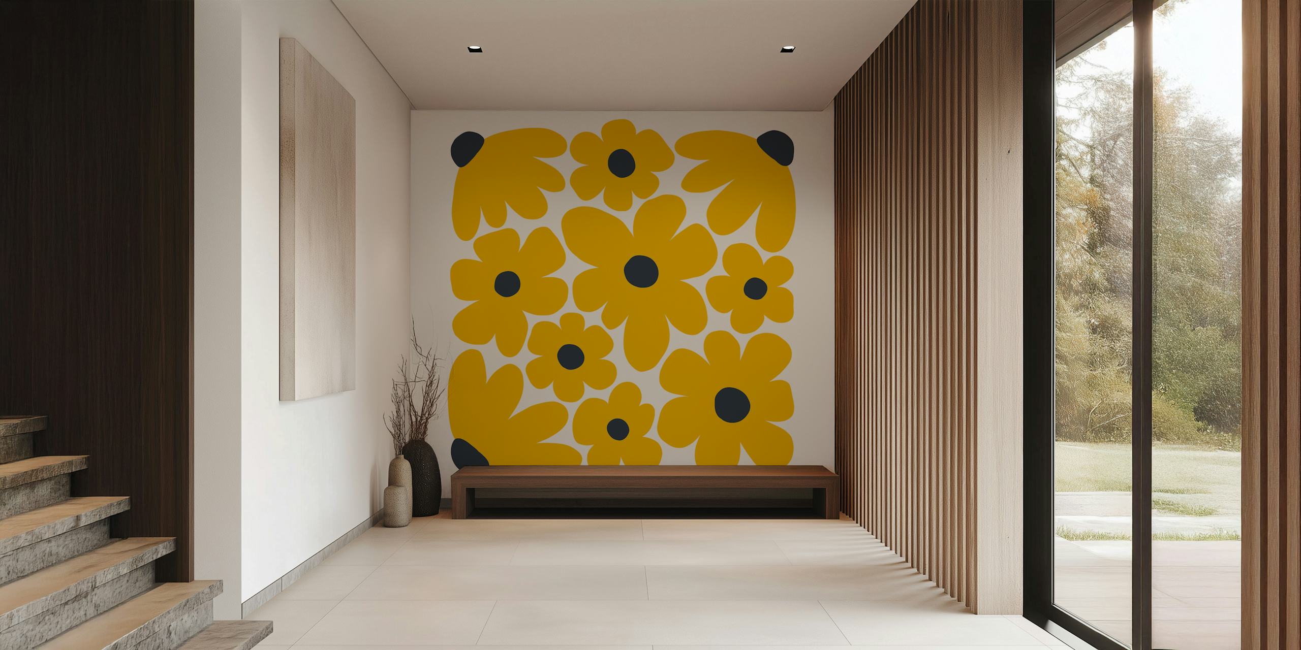 Yellow flowers with black accents on a light background wallpaper