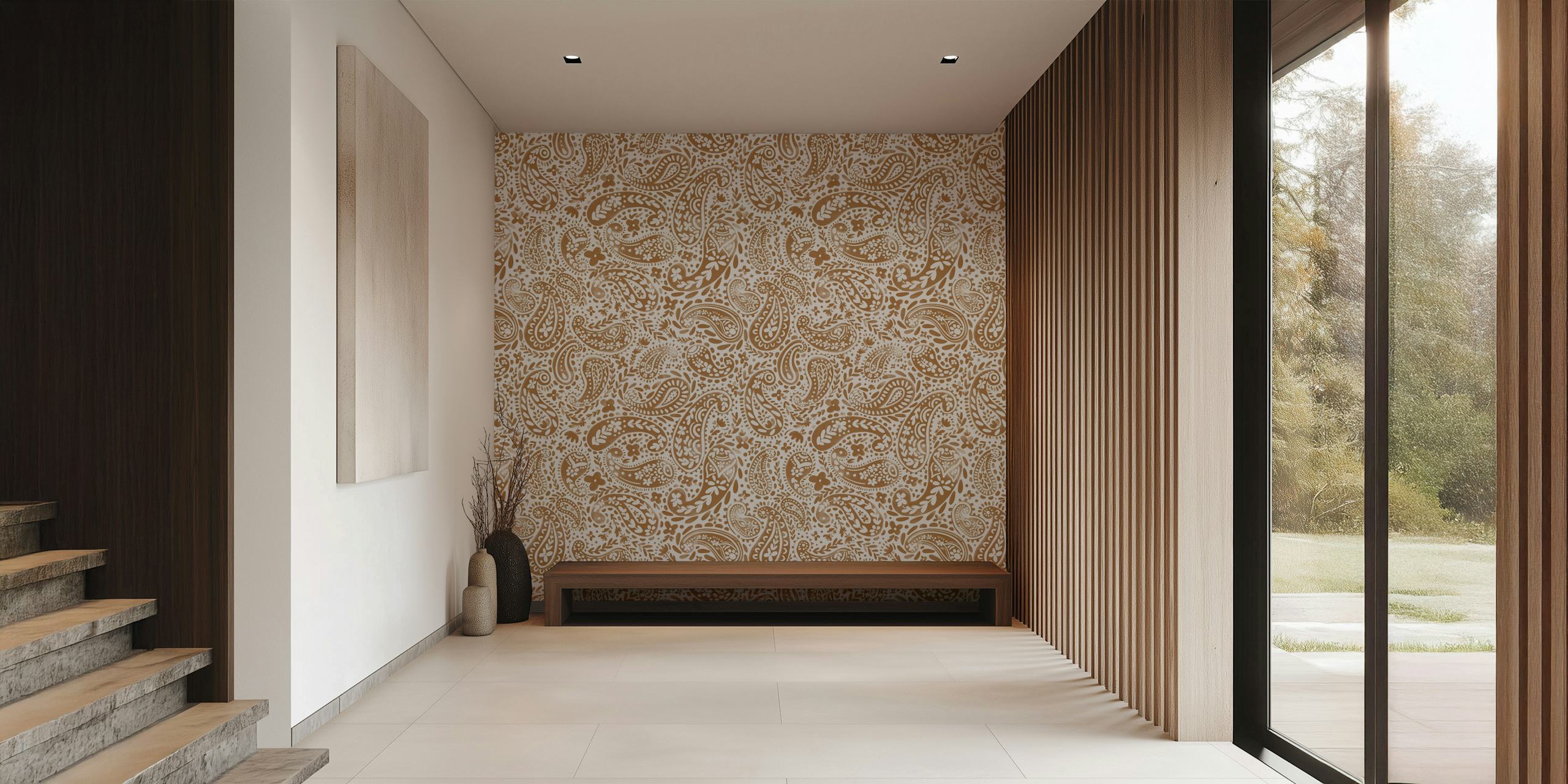 Intricate paisley pattern in warm brown and white wallpaper
