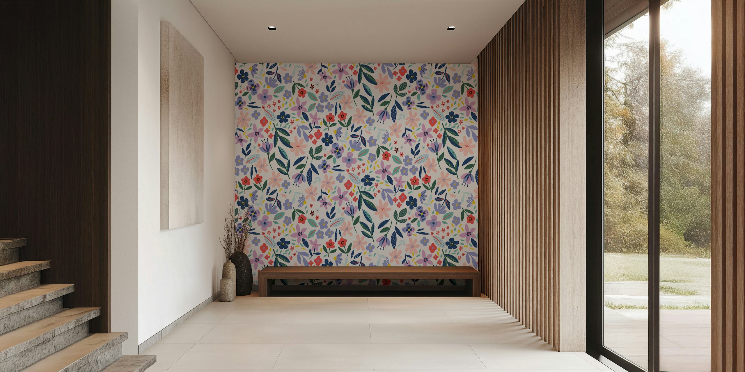Maximalist bright bold florals - Pink purple květinová tapeta v místnosti