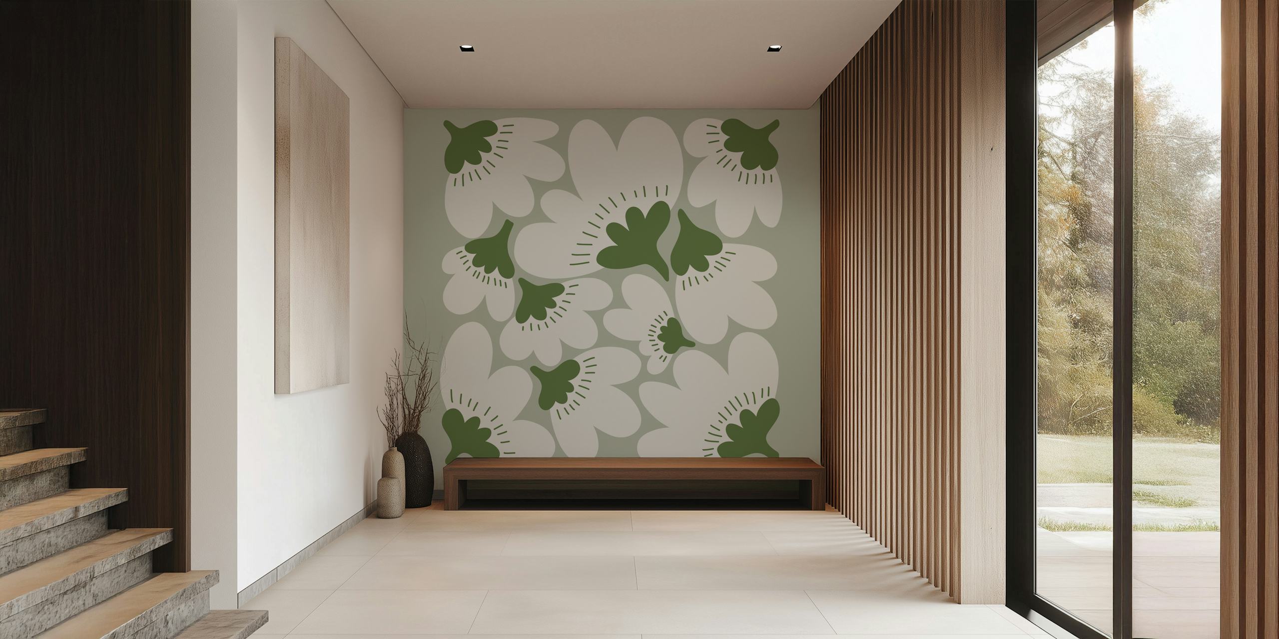 Soft green floral wallpaper in a room