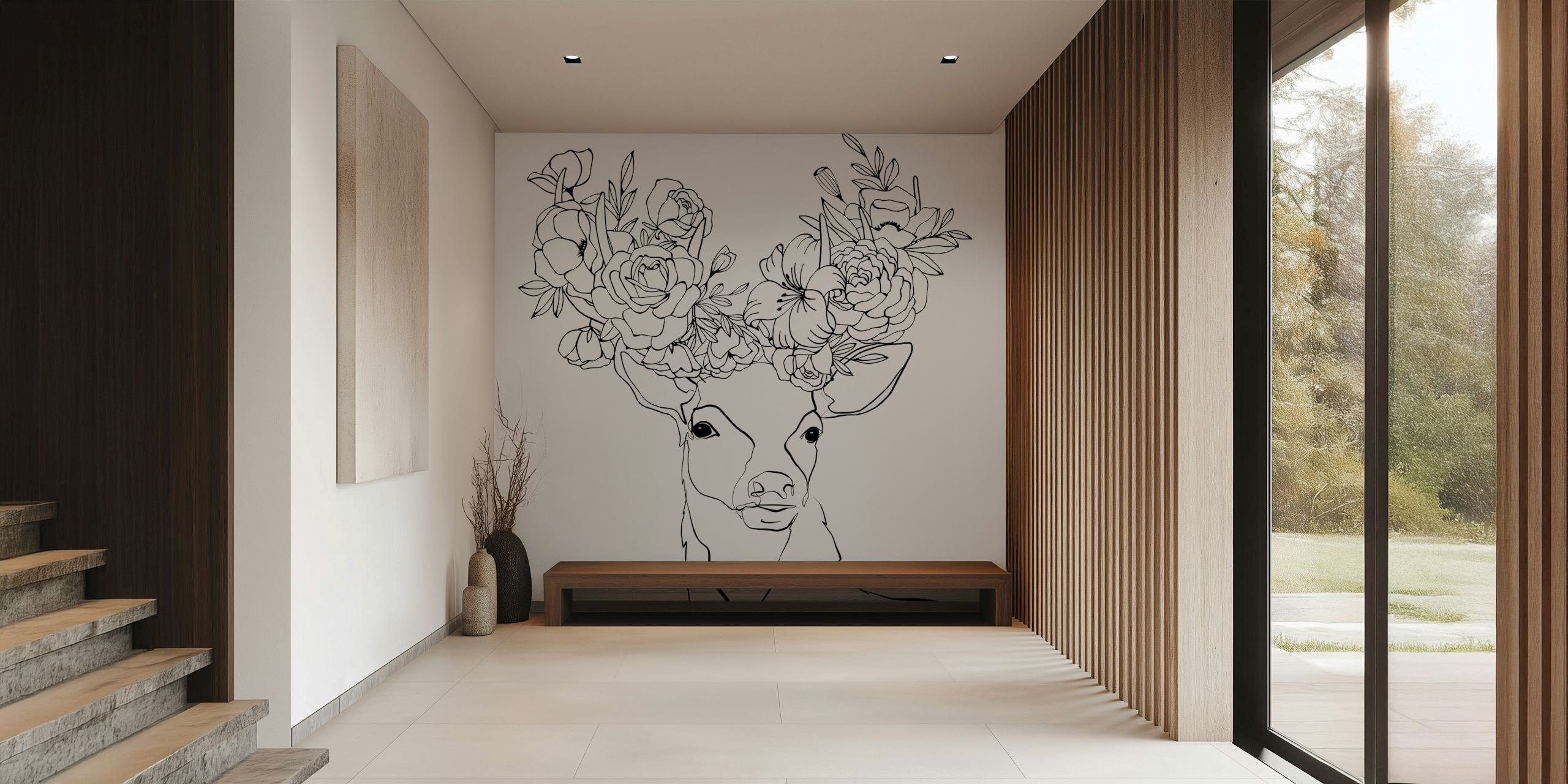 Floral deer with blossoms design in black and white wallpaper