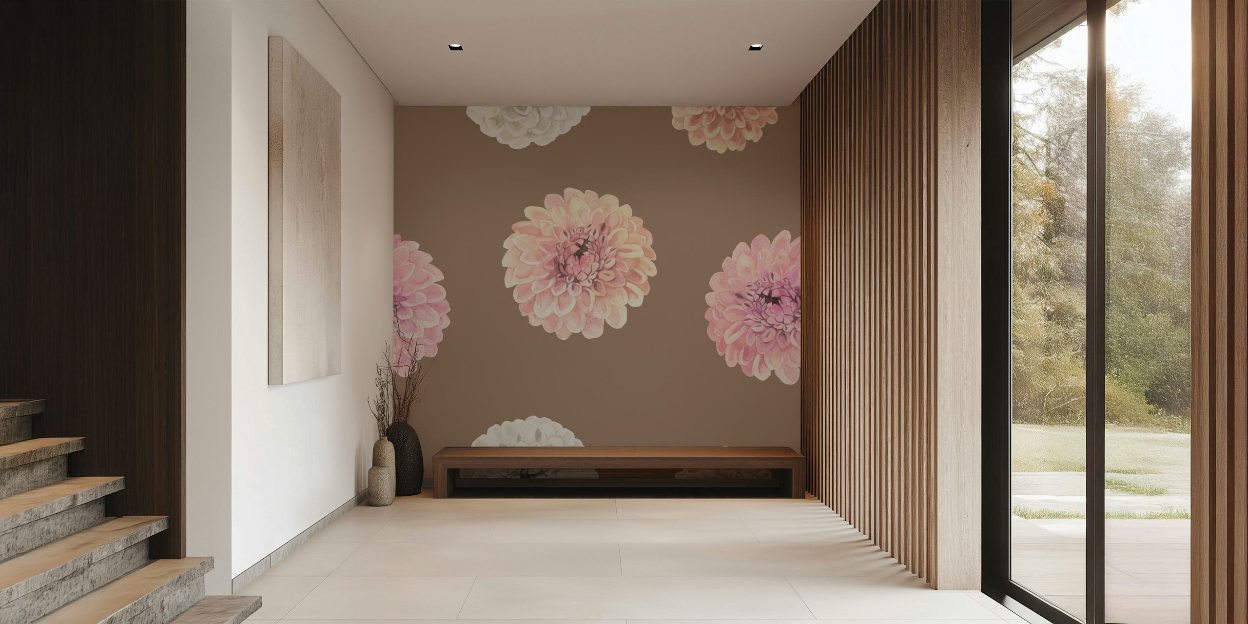 Watercolor dahlias in pink and white on brown wallpaper