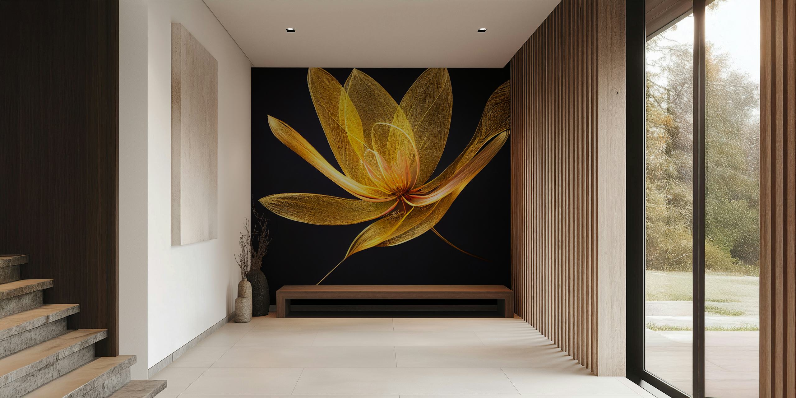 Gold flower design on a black background wallpaper