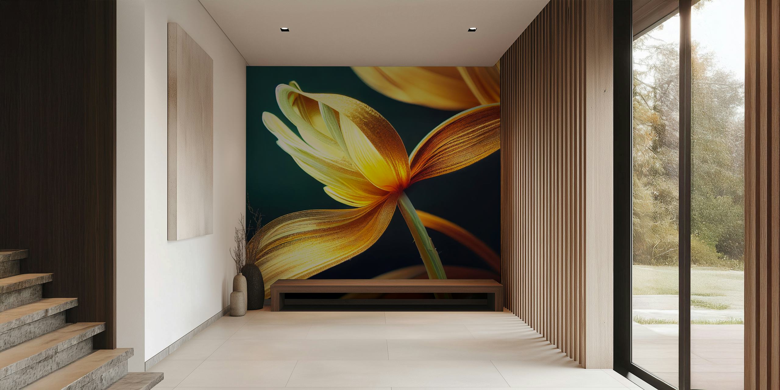 Ethereal Golden Bloom tapetdesign i et rum