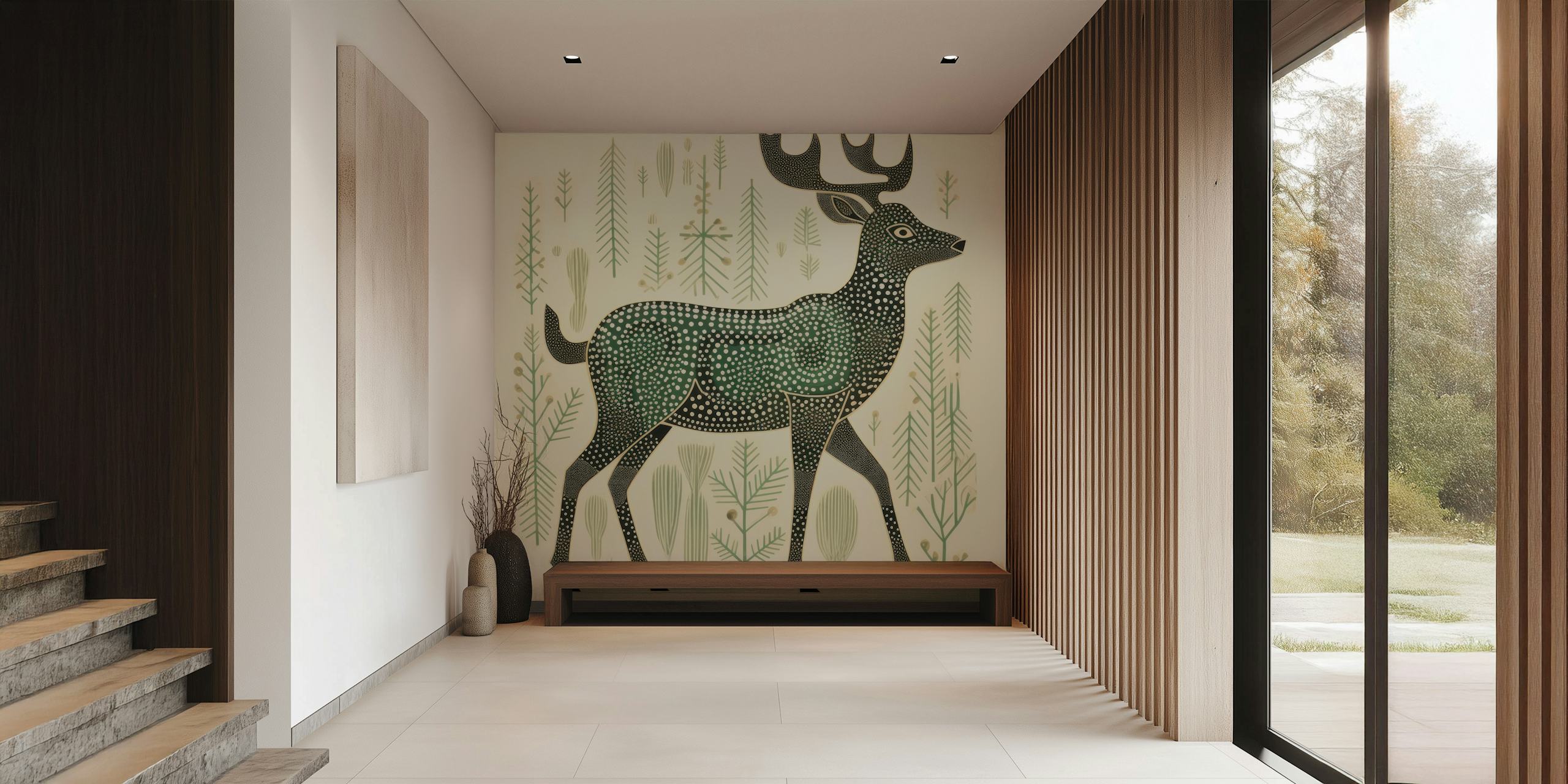 Folk art caribou illustration surrounded by green trees wallpaper