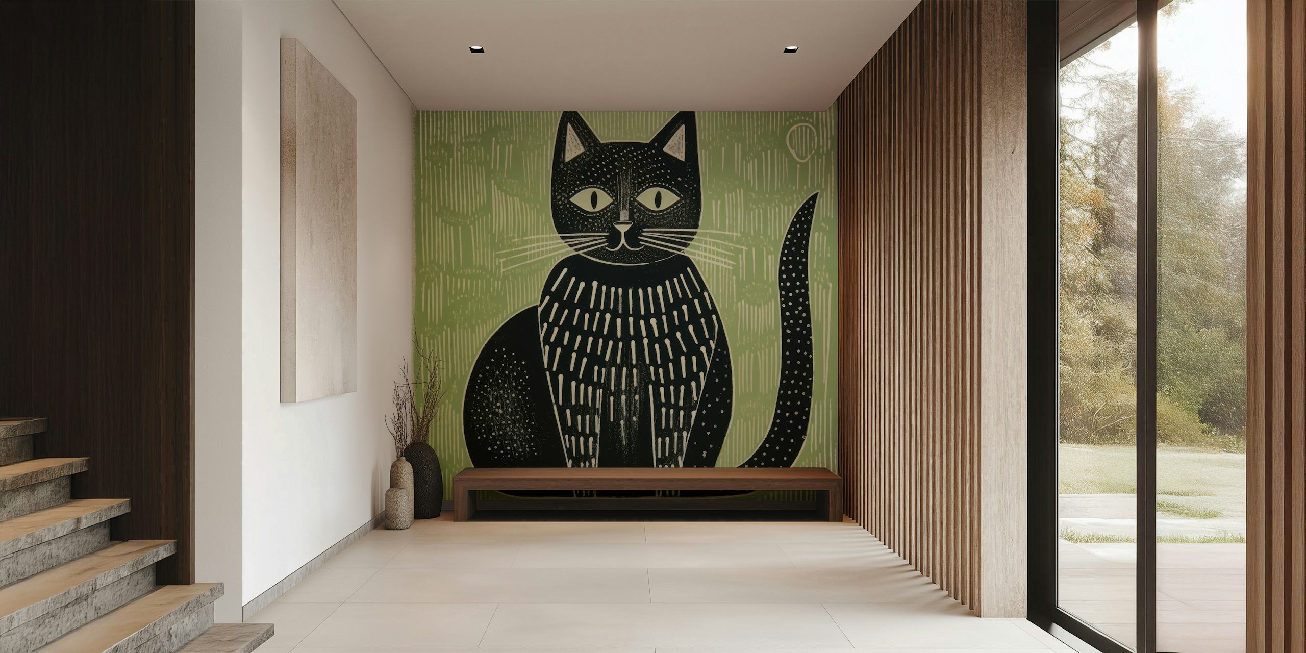 Black cat illustration on green background wallpaper