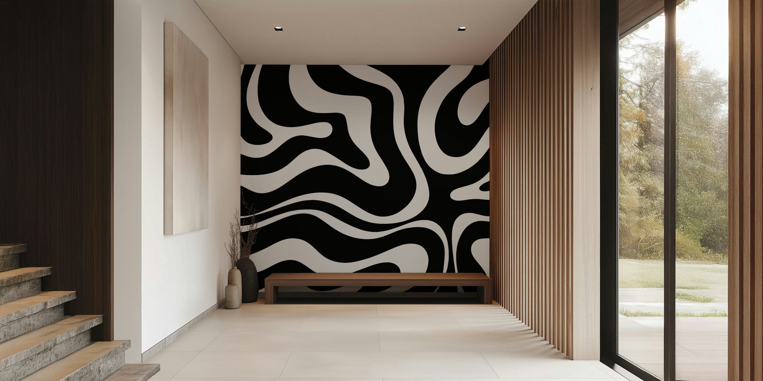 Moderne Liquid Swirl Black and White wallpaper in een kamer