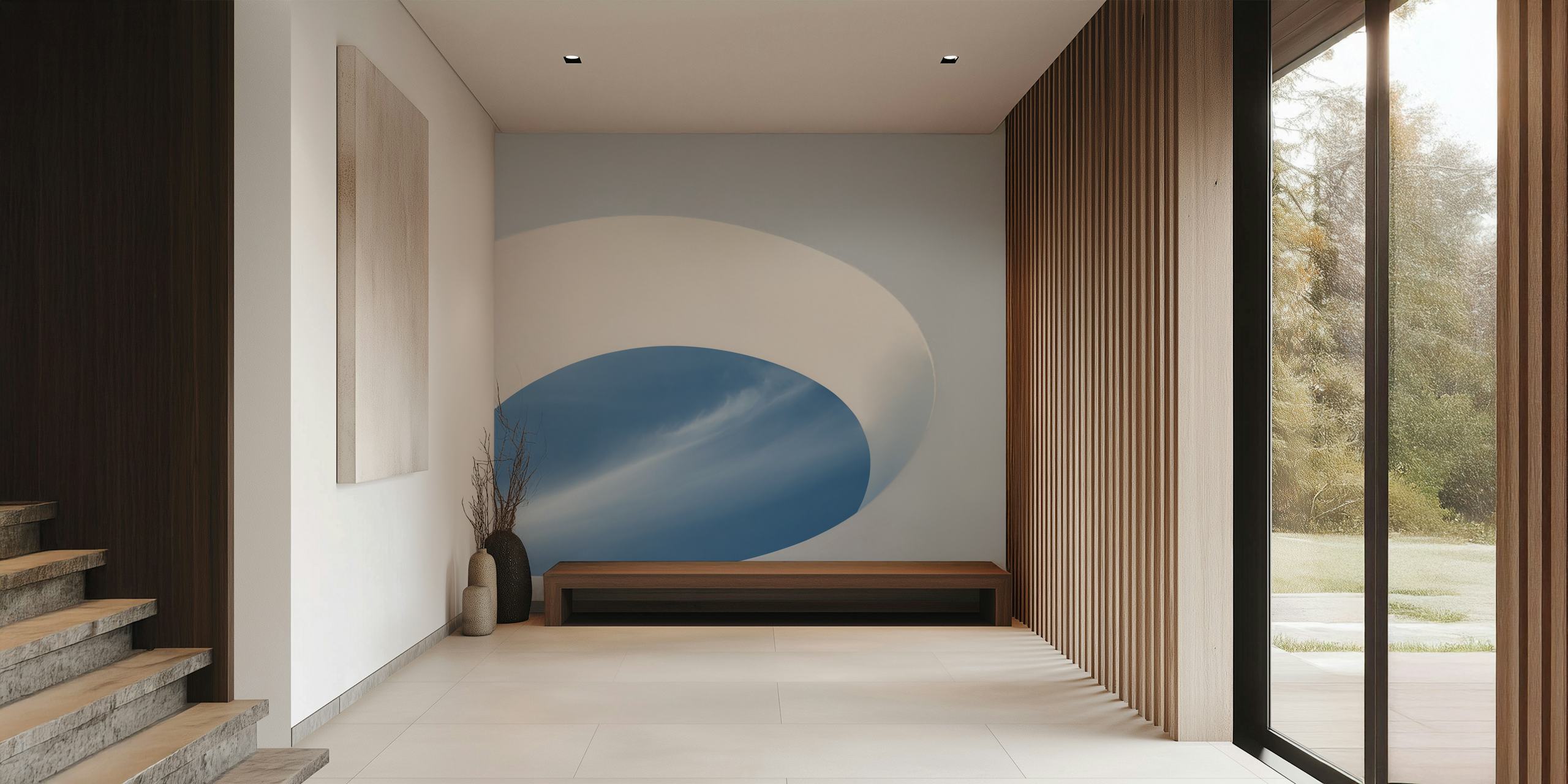 Abstract sky view mural through an oval shape