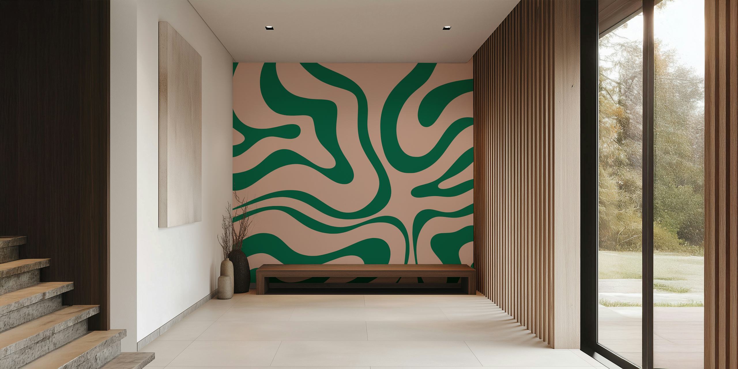 Abstract flowing swirls in green and blush colors wallpaper