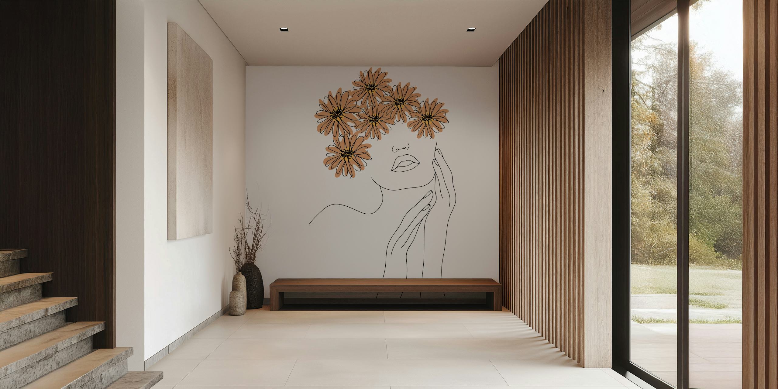 Woman with flowers line art wallpaper display
