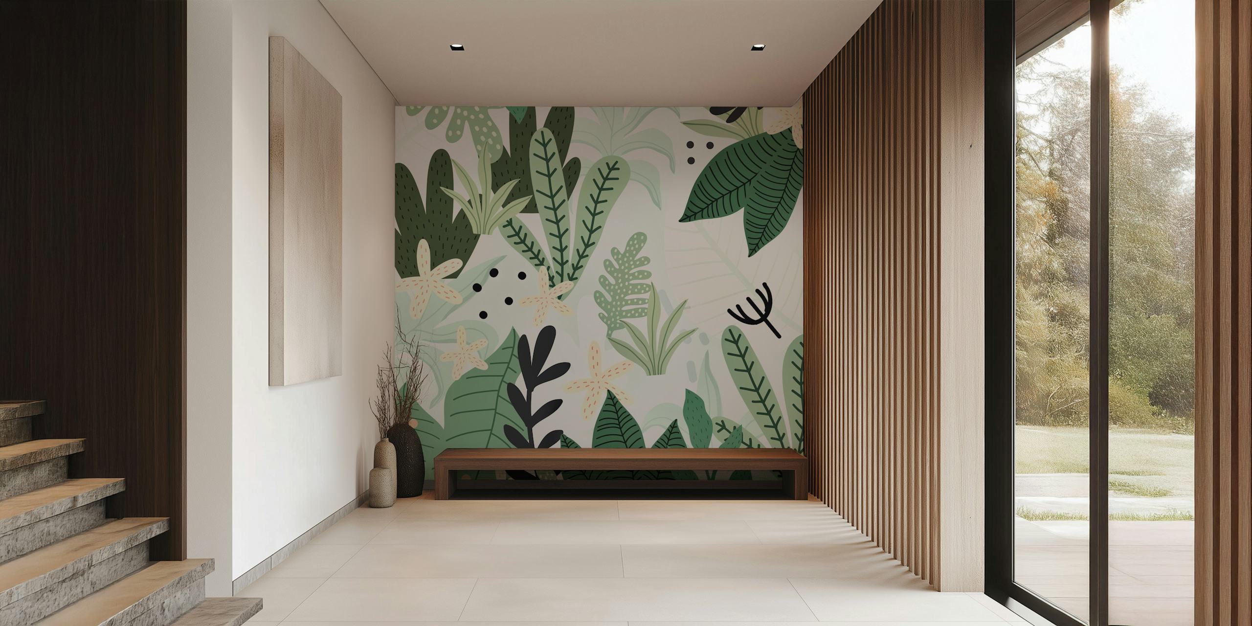Tropical green leaves and flowers in light colors wallpaper