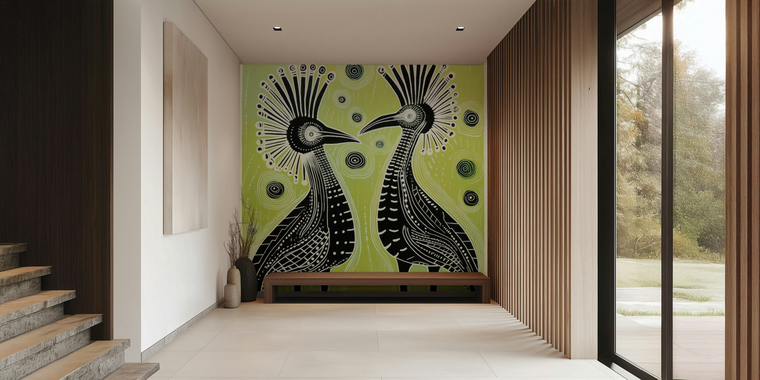 Green folk art wallpaper featuring black cassowaries with radiant crests