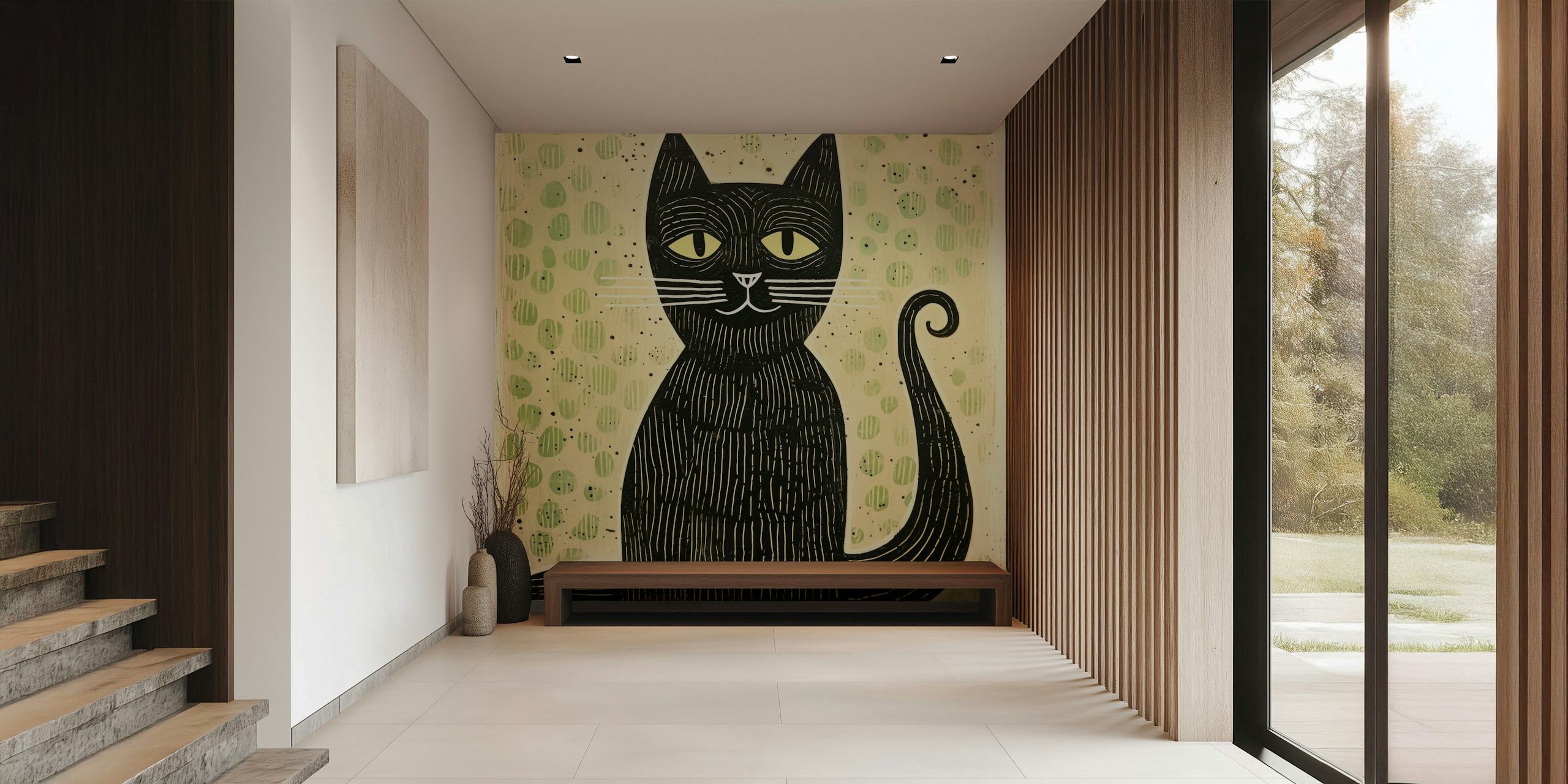 Zelená Green Cat in Folk Art tapeta v pokoji