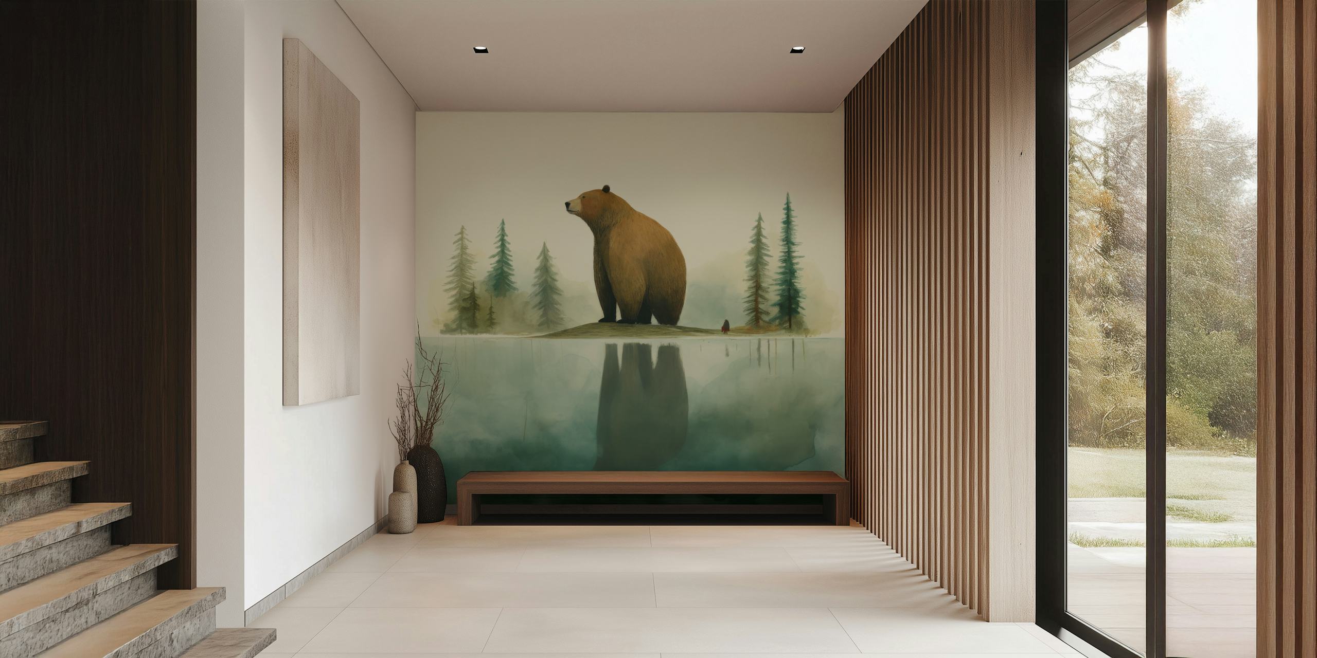 Large grizzly bear near water with reflection, trees wallpaper