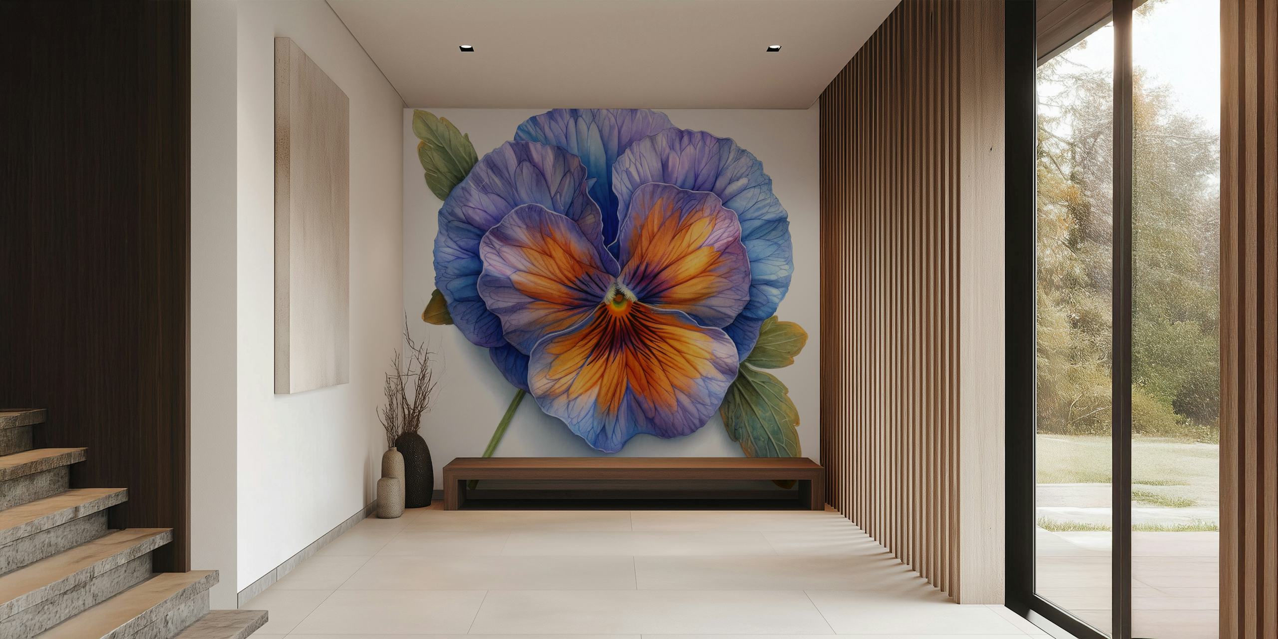 Blue floral pansy wall mural featuring vibrant blue and orange hues, botanical design wallpaper