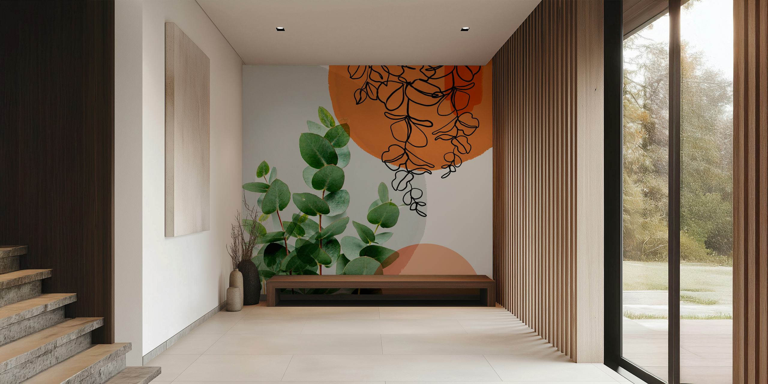 Eucalyptus leaves on smooth grey background with orange circles and black line art wallpaper