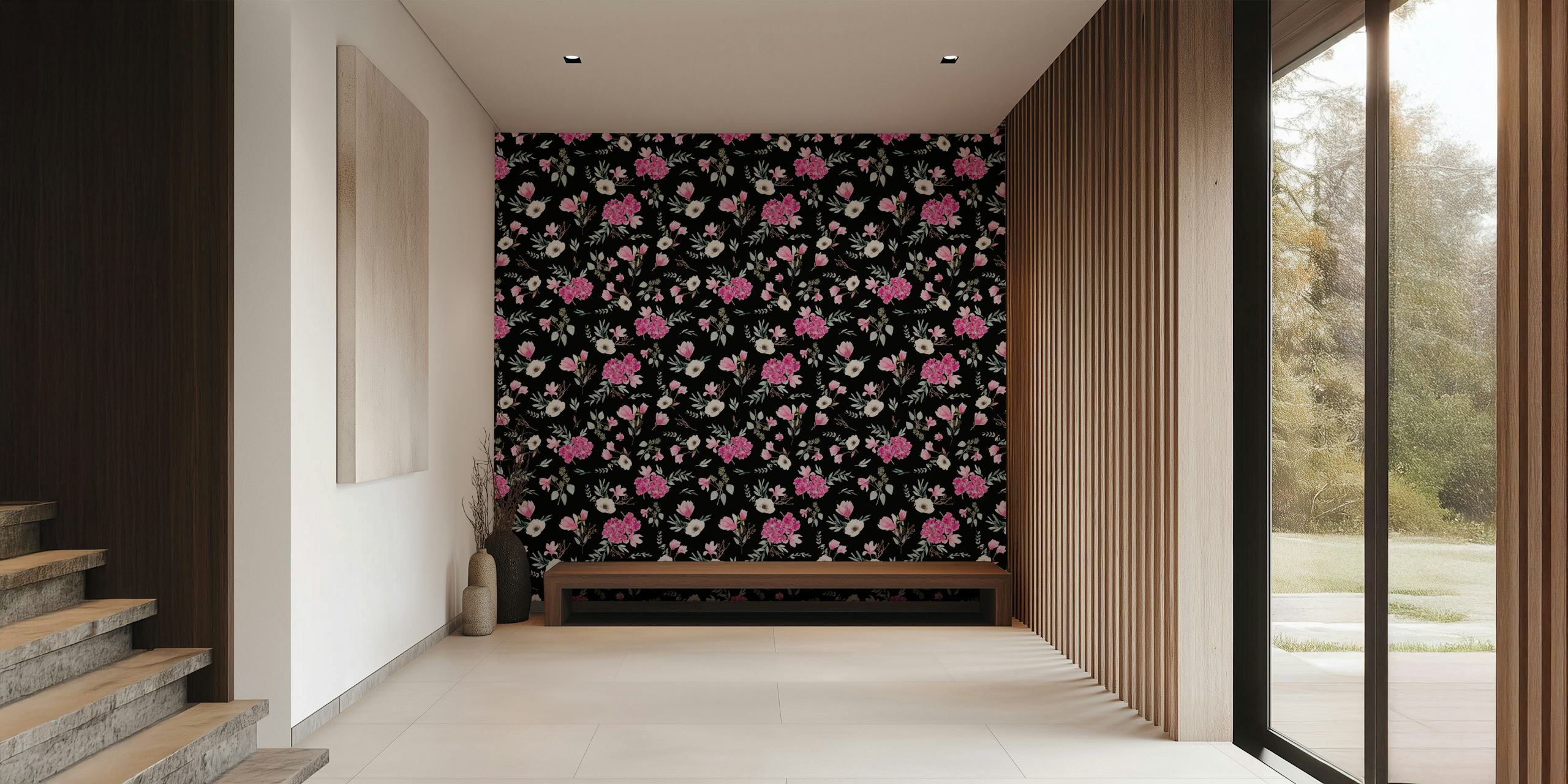Floral wallpaper in pink and black design