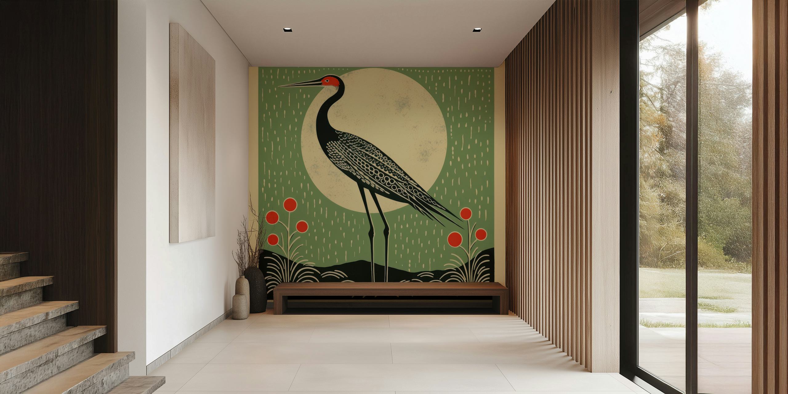 Crane bird with vibrant red accents against green background wallpaper