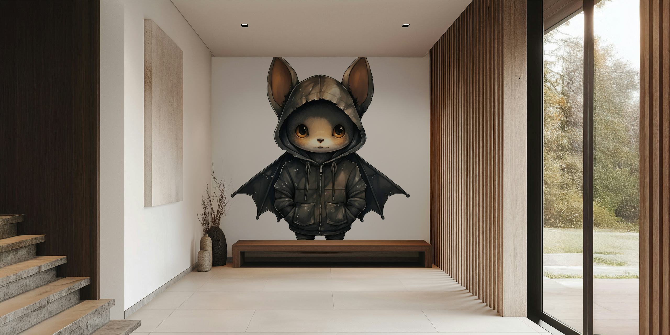 Cartoon bat in a hoodie with black wings, watercolor style wallpaper