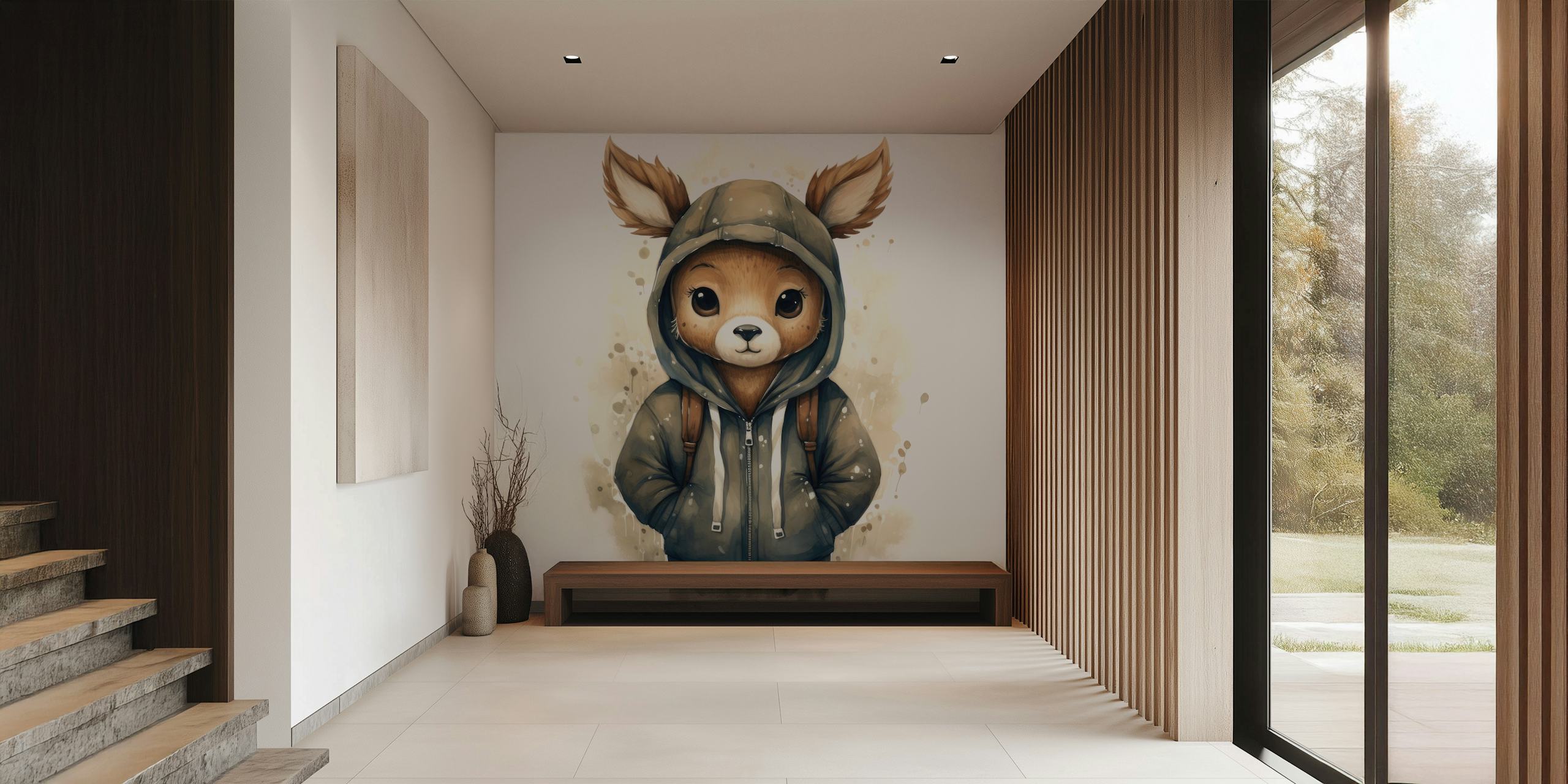 Cartoon deer in a hoodie illustration with soft colors wallpaper