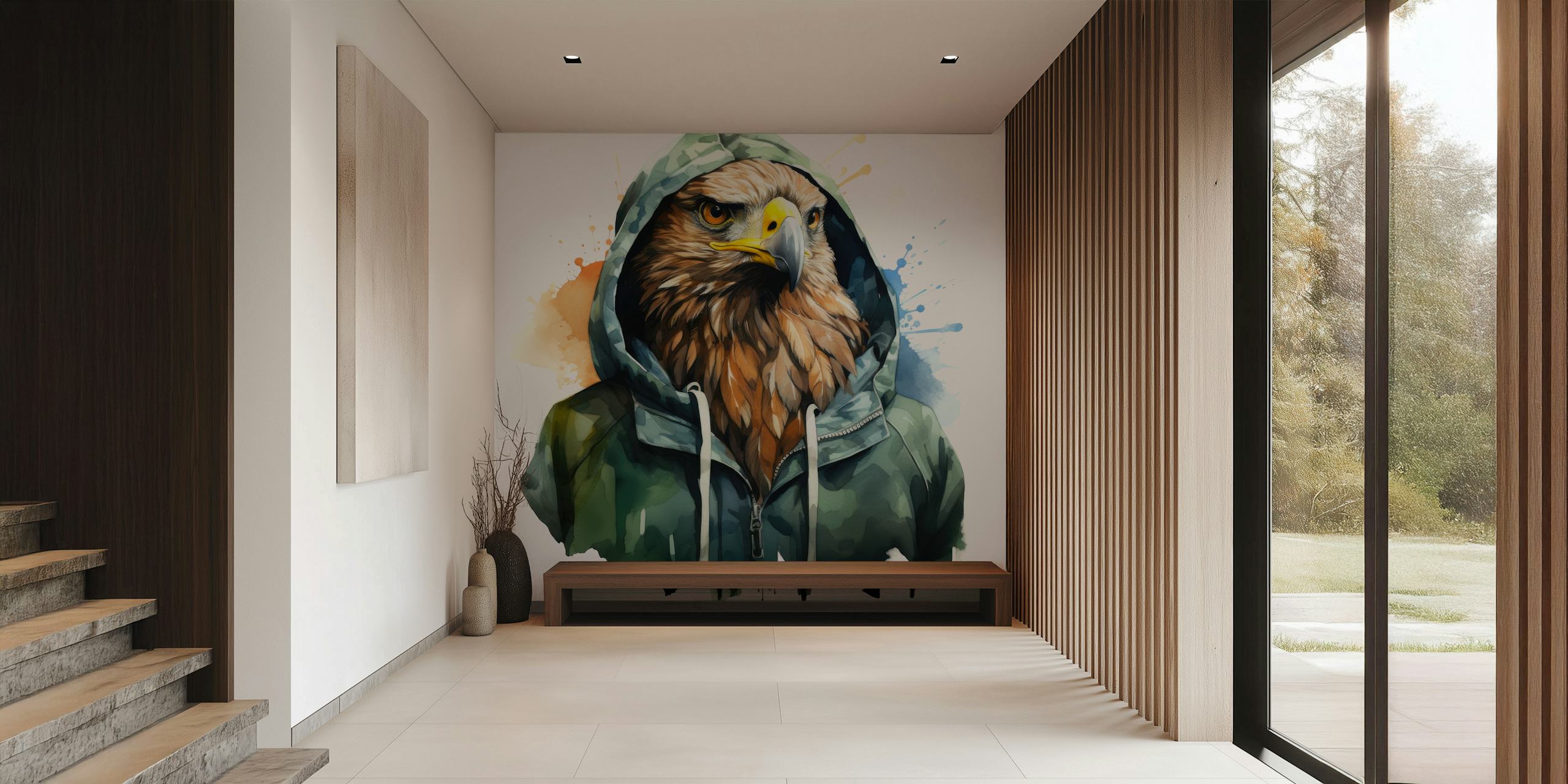 Watercolor Cartoon Hawk in a Hoodie wallpaper in a room