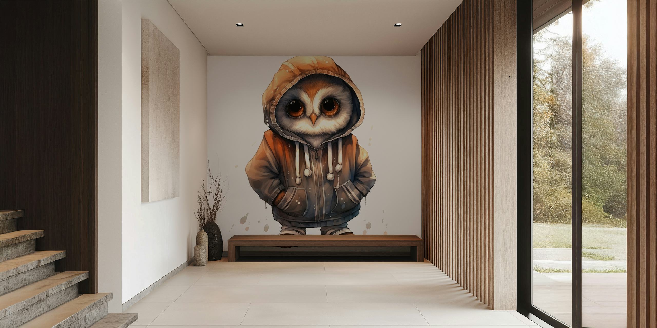 Tapete mit Watercolor Cartoon Owl in a Hoodie