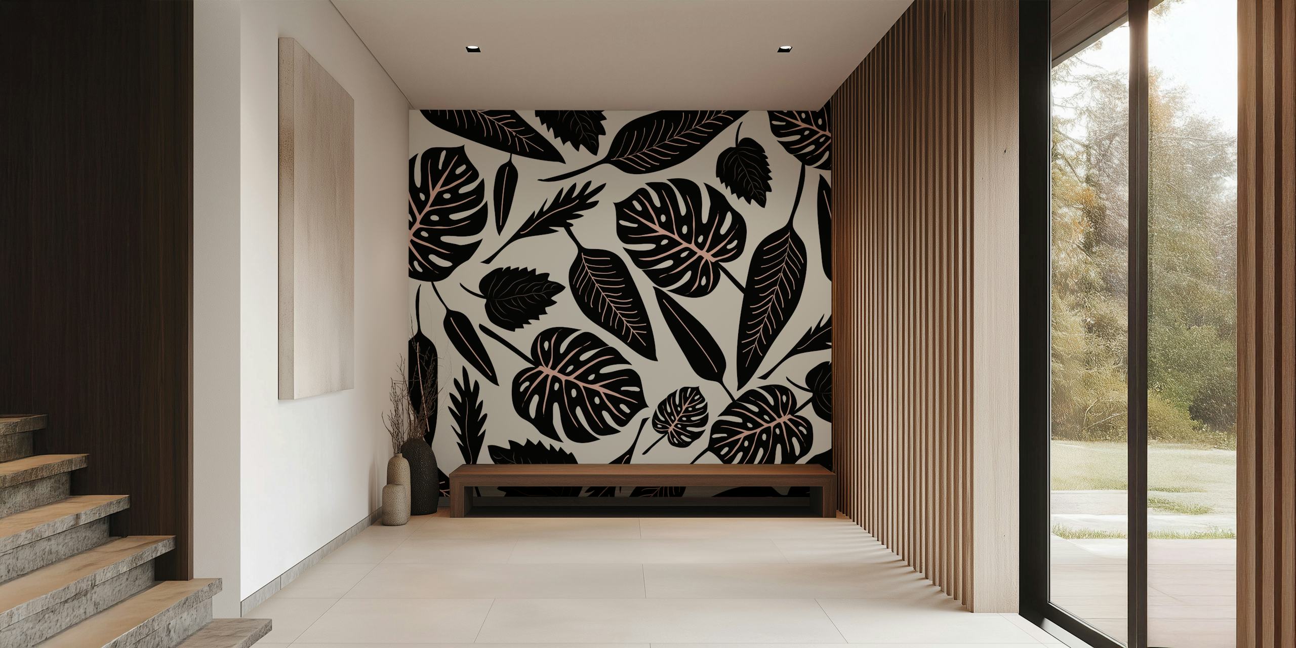 Monstera Leaves - Black tapeta v moderním pokoji