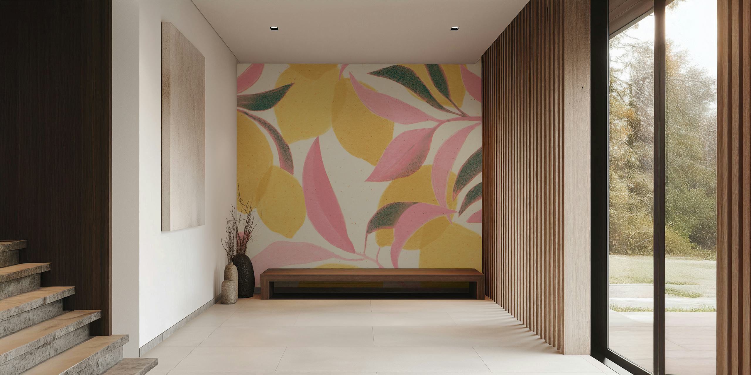 Lemon and pink leaf patterns on beige background wallpaper