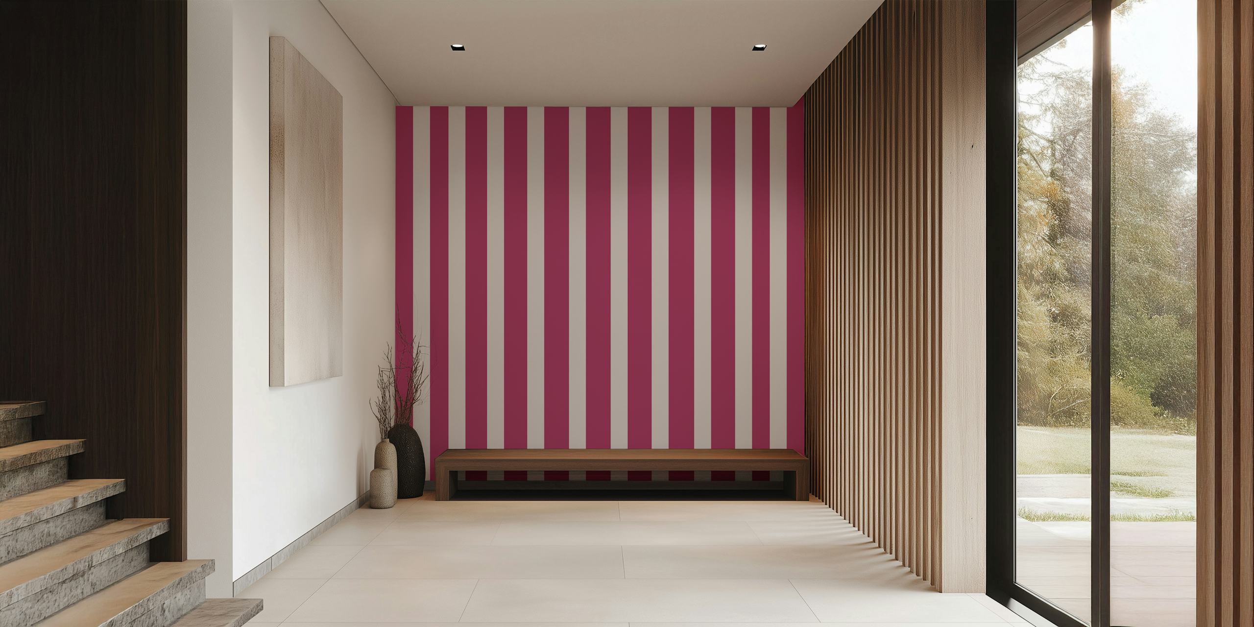 Burgundy and cream stripes wallpaper in a room
