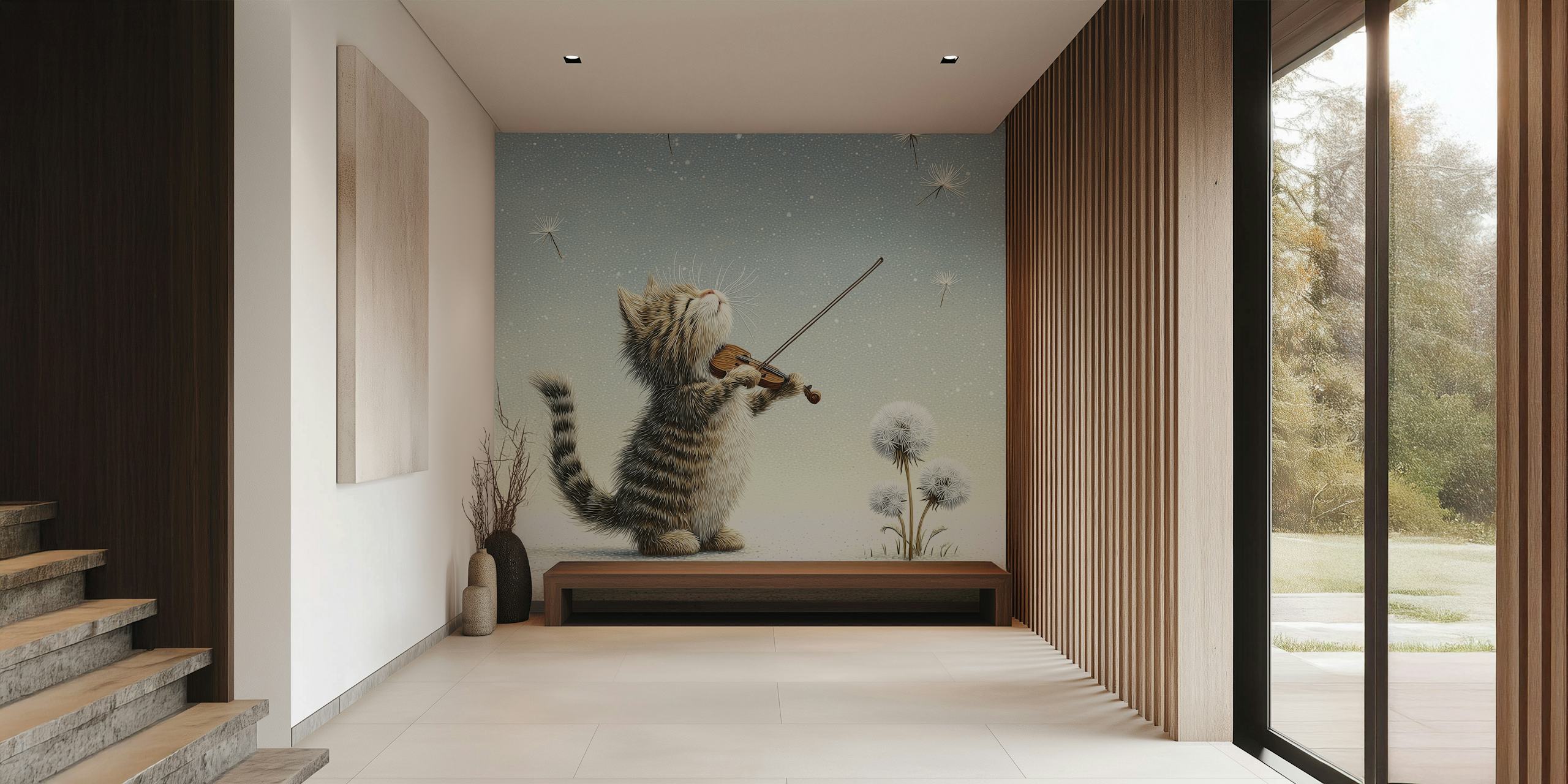 Cat spiller fiolin tapet i et rom