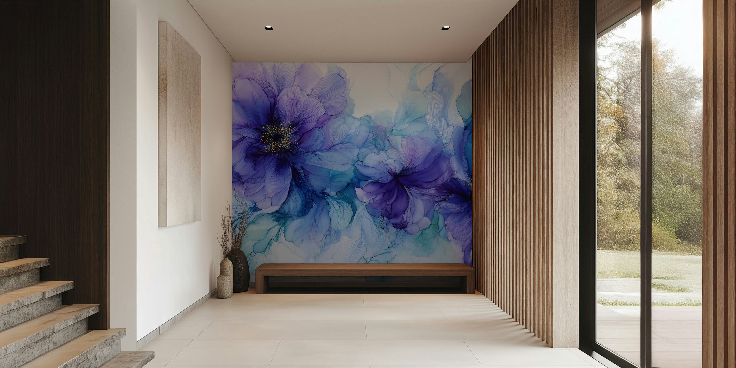 Purple floral wallpaper featuring large violet blooms with delicate green leaves in an artistic style.
