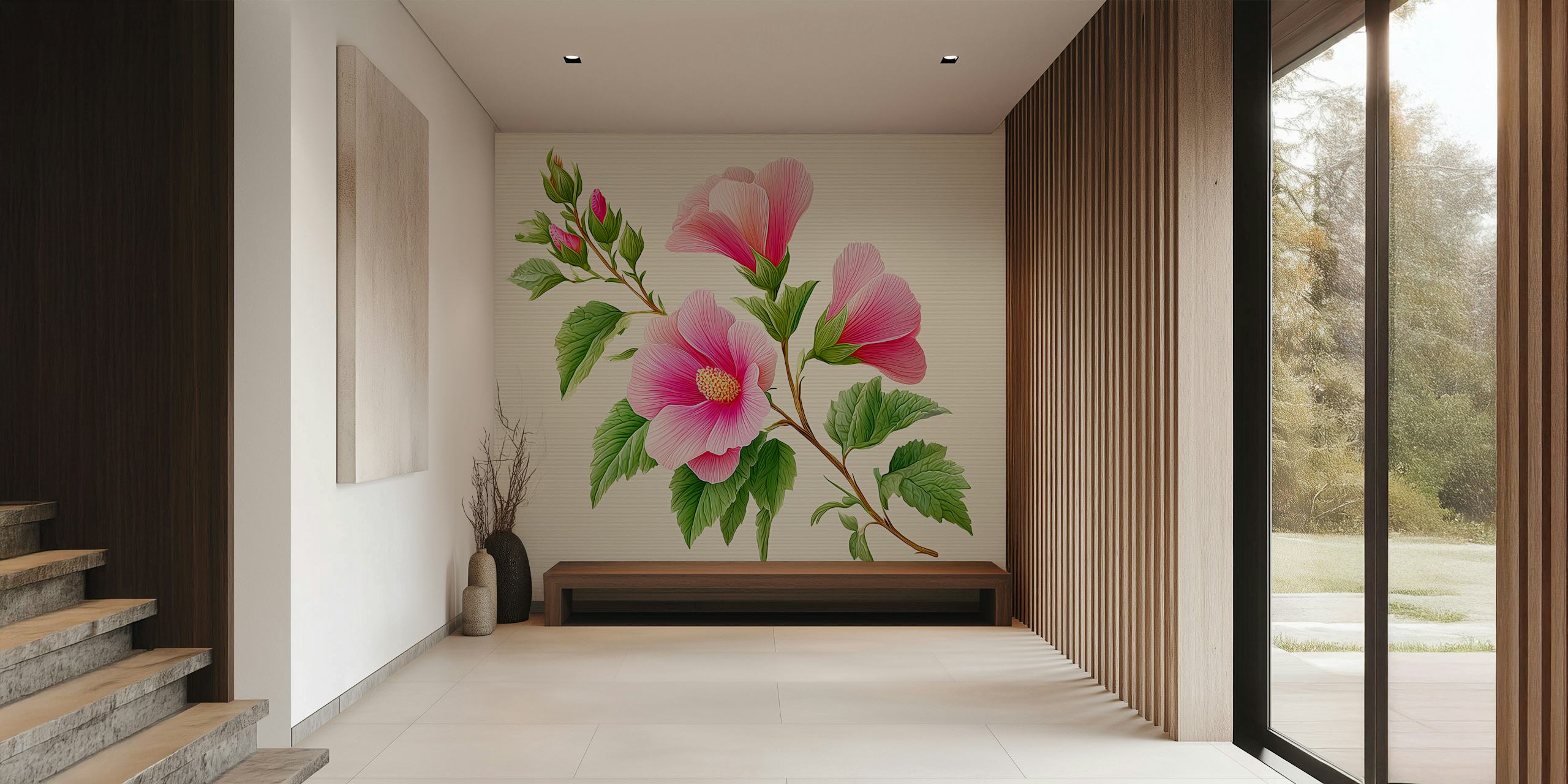Ταπετσαρία Pink Hibiscus σε ρύθμιση δωματίου