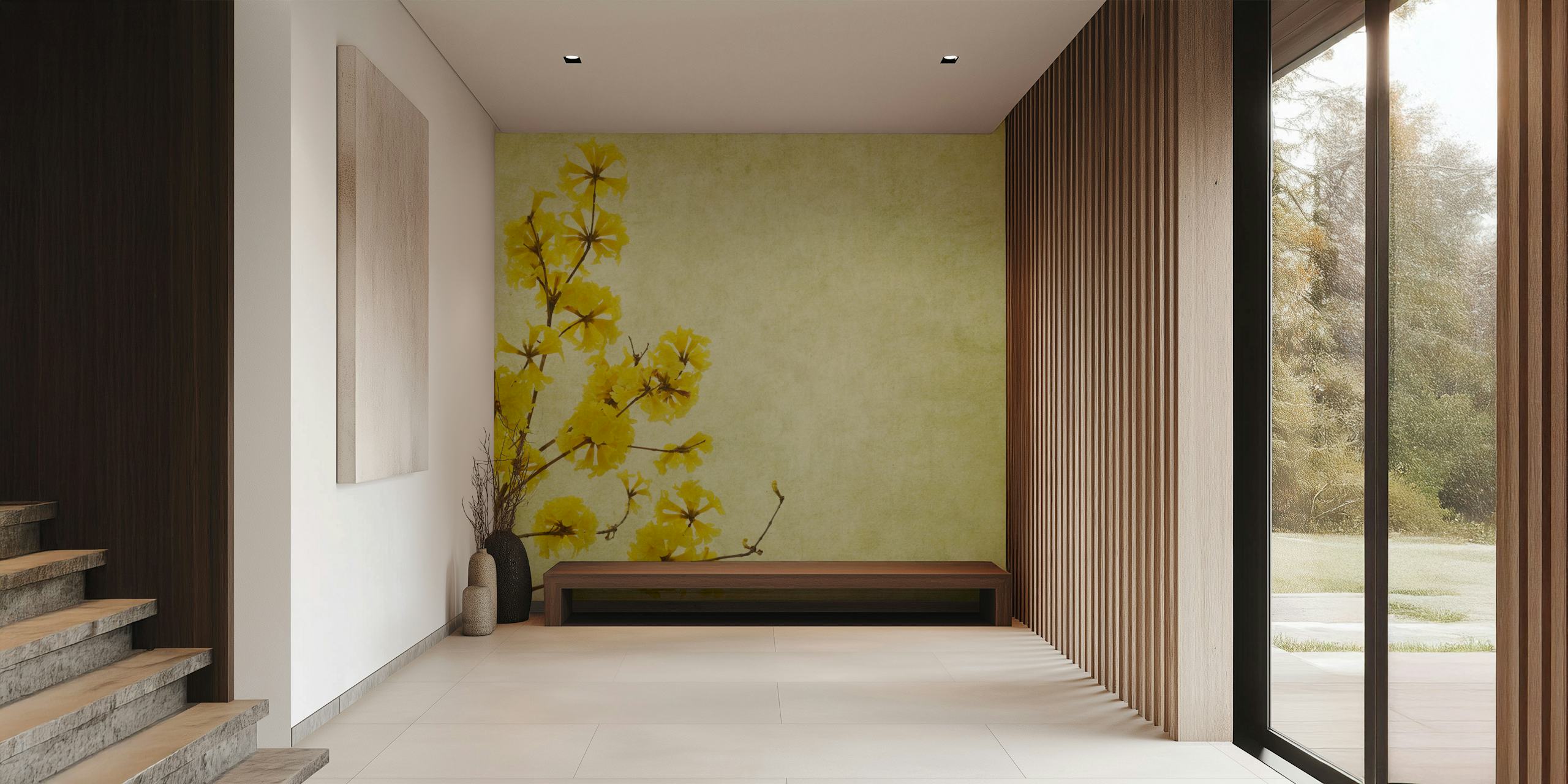 Yellow flower wallpaper in a room
