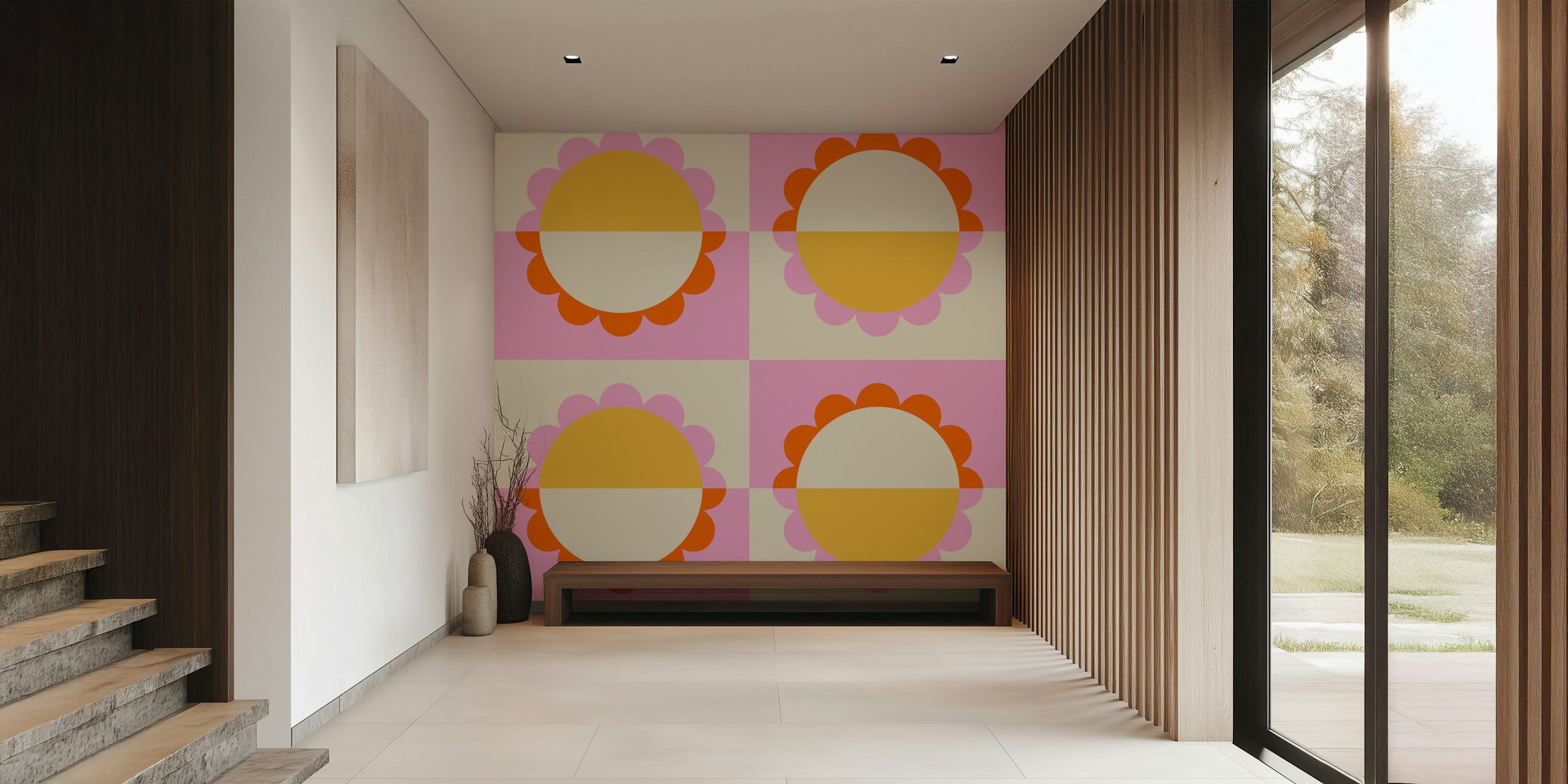 Geometric Sunset Flower Mural wallpaper in a room