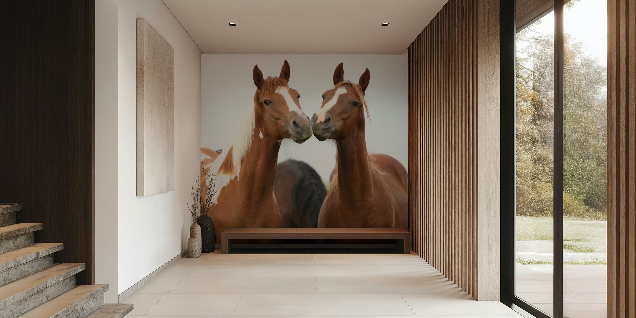 Twee speelse paarden dicht bij elkaar in een kamer