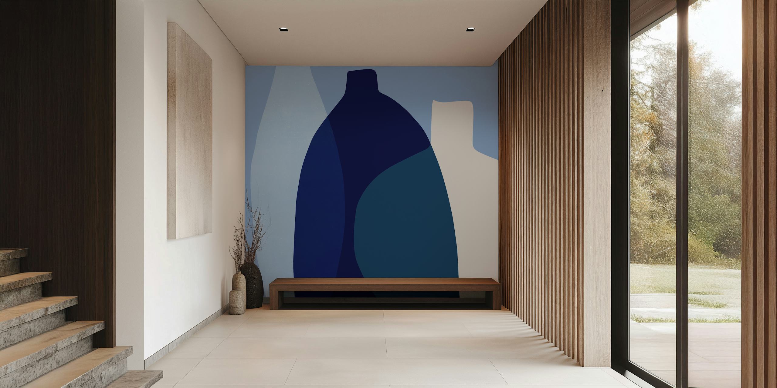 Papier peint mural abstrait de vases en verre avec des formes superposées dans des tons de bleu et de couleurs neutres