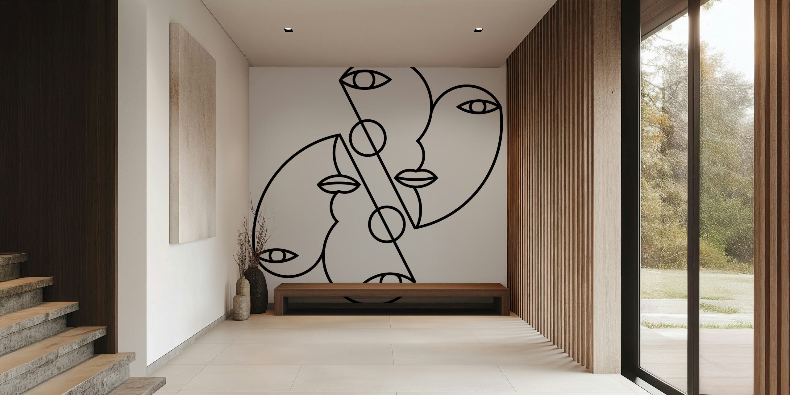Black and white line art heart wallpaper with abstract faces