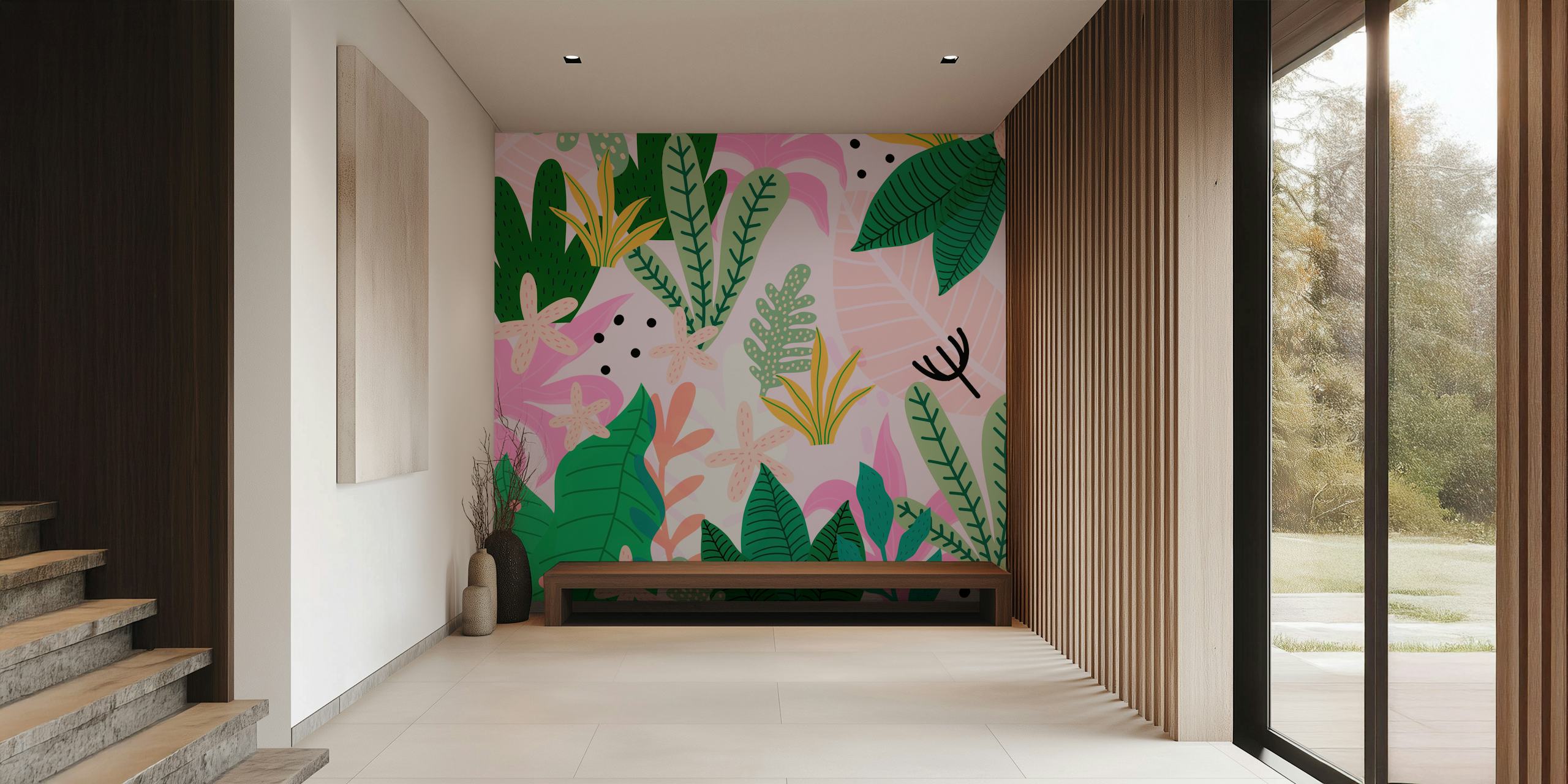 Tropical floral leaves in pink and green colors wallpaper