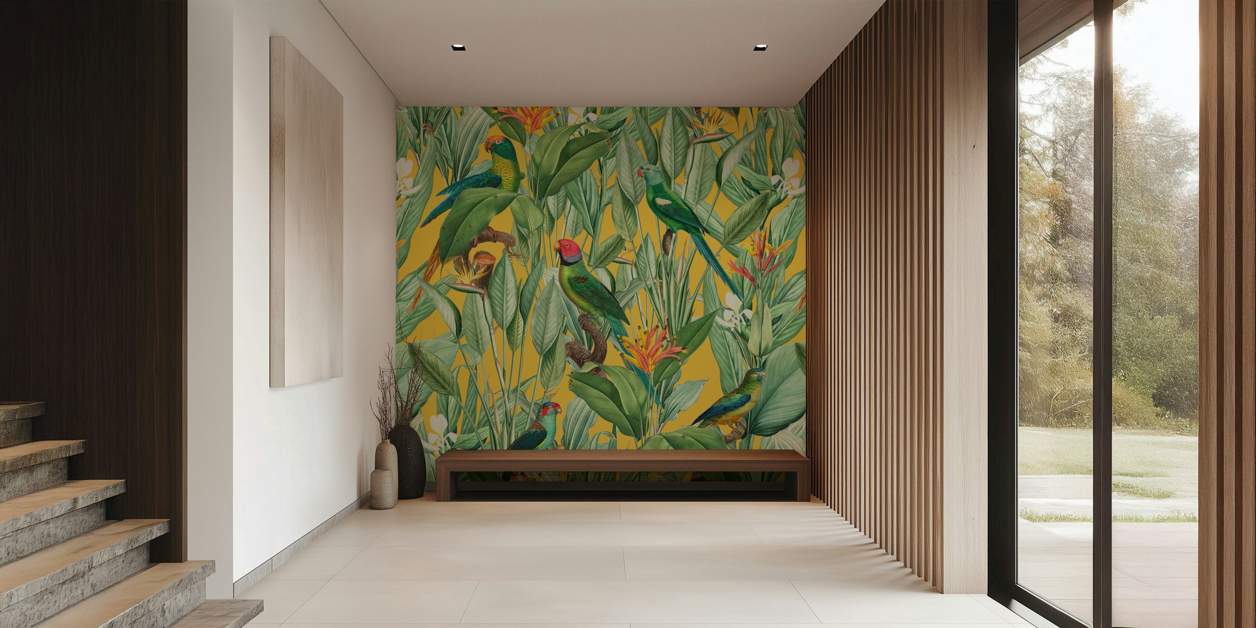 Vintage-style jungle wall mural with tropical birds and foliage on a mustard background