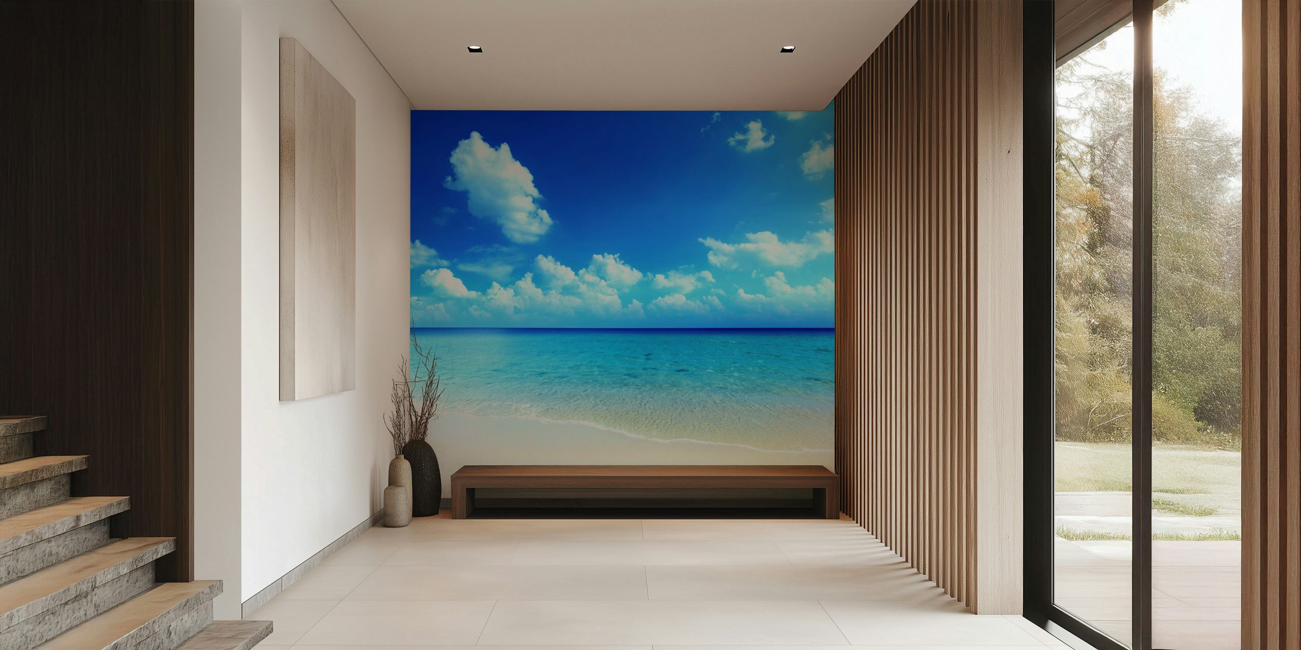 Tropical beach scene with blue ocean and clouds wallpaper