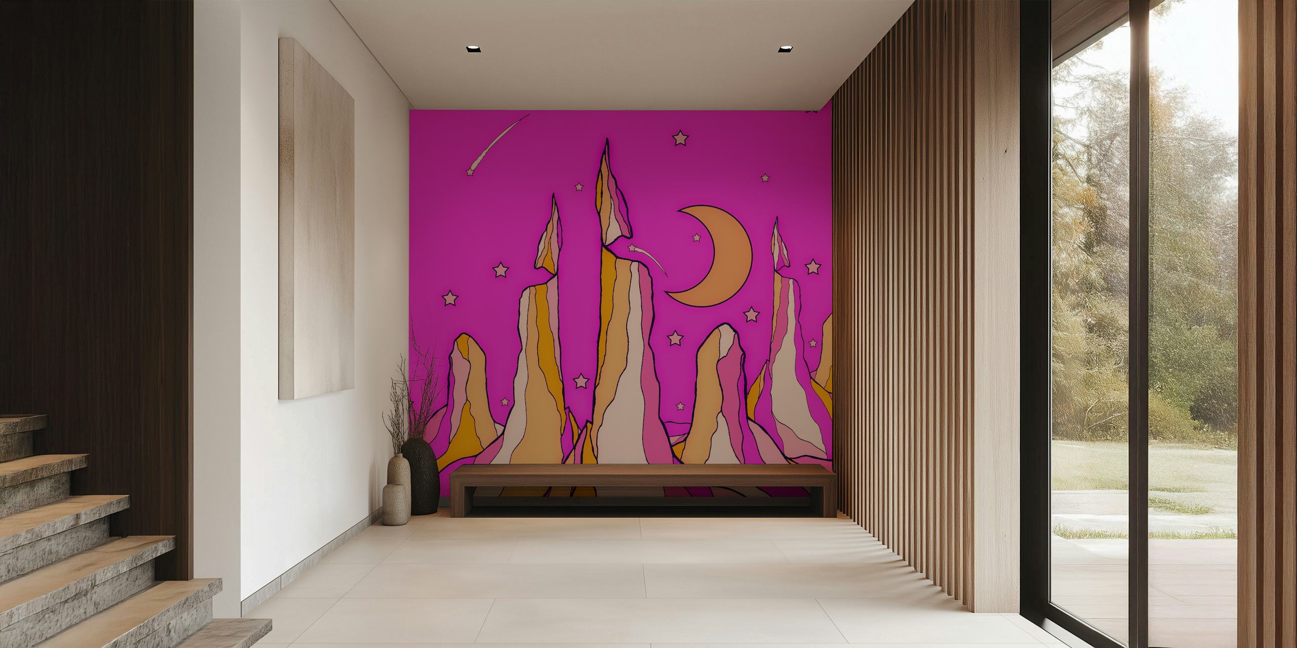 Whimsical wallpaper design of peaks and moon