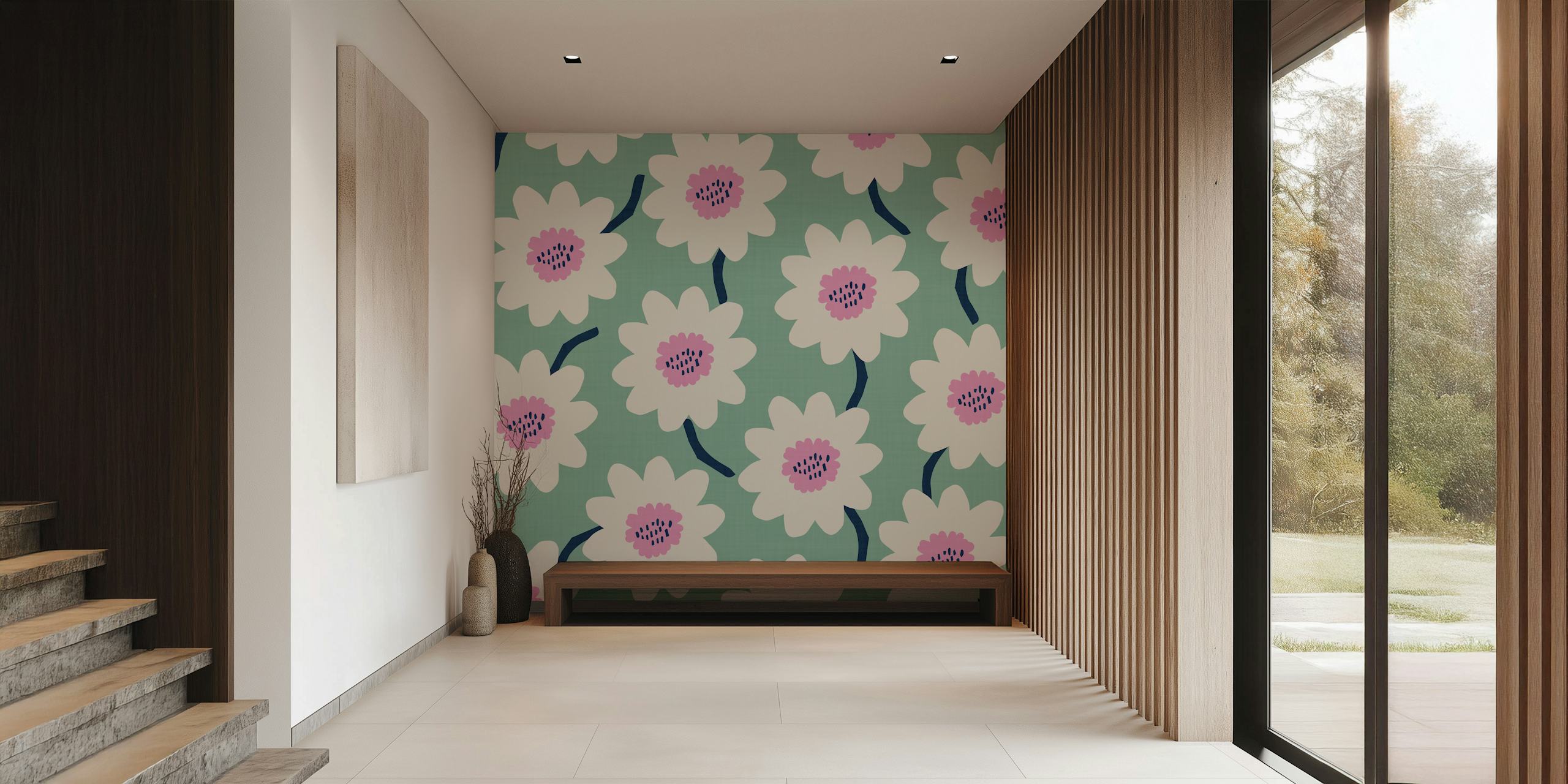 Daisies on teal background wall mural in Flower Field - Meadow design