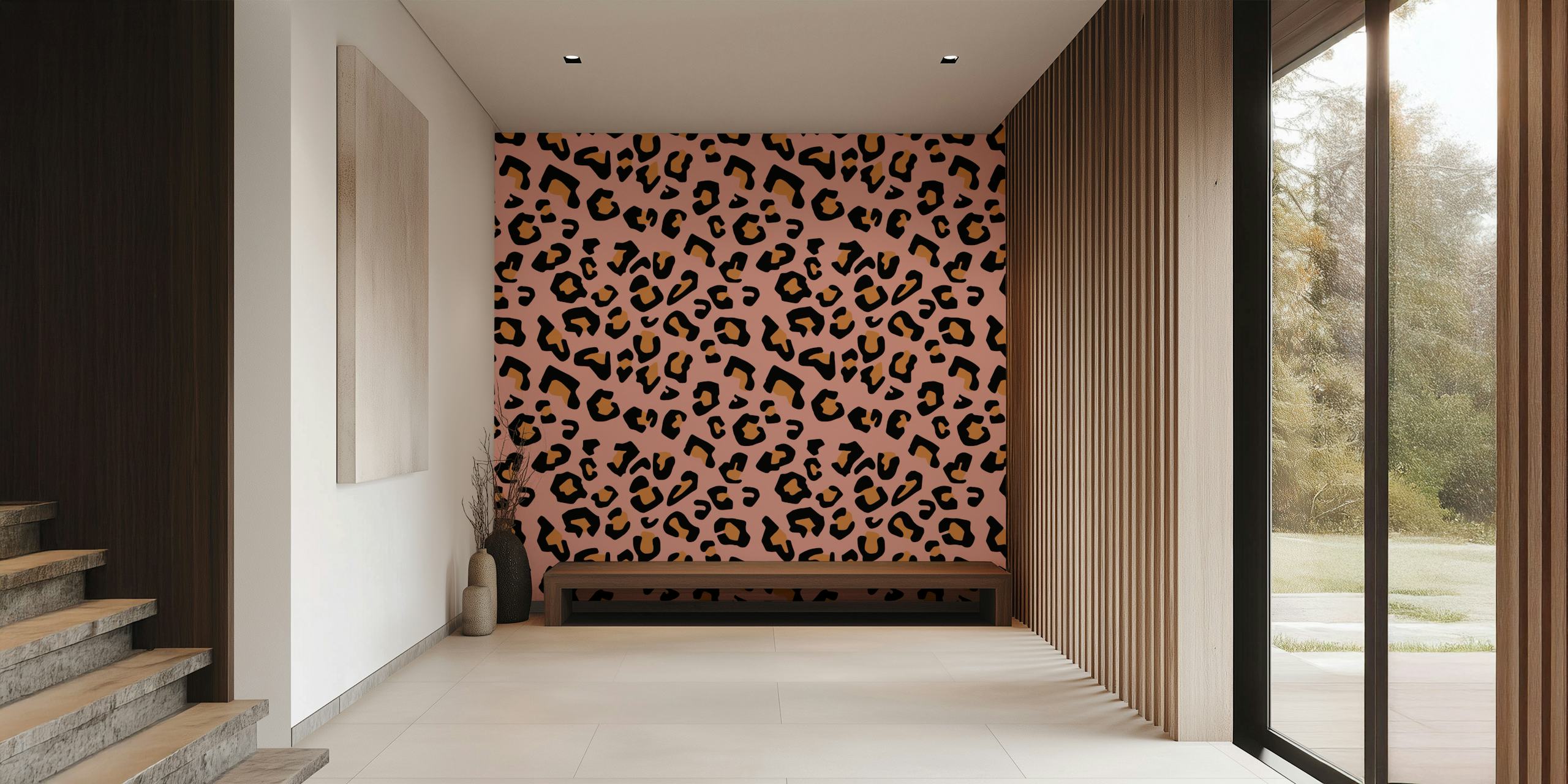 Modern leopard print pattern wall mural on a pale pink background